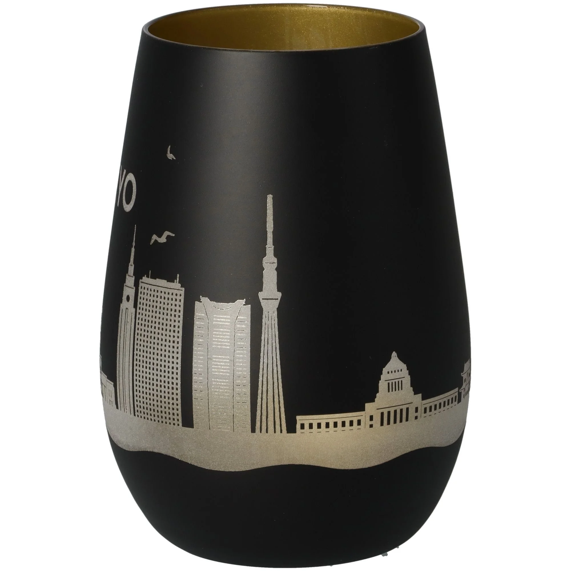 glossy black vase, silhouette skyline, metallic pattern, urban skyline, tapered vase