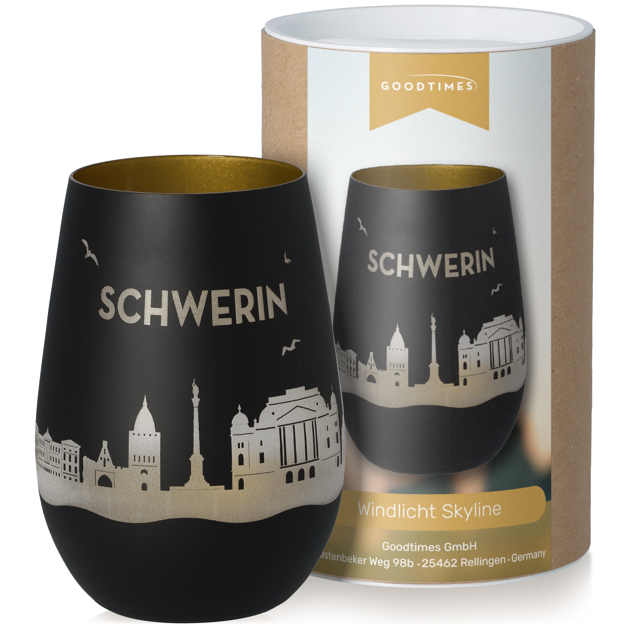 Windlicht Skyline Schwerin Schwarz/Gold Pokal, Krug, Töpferei
