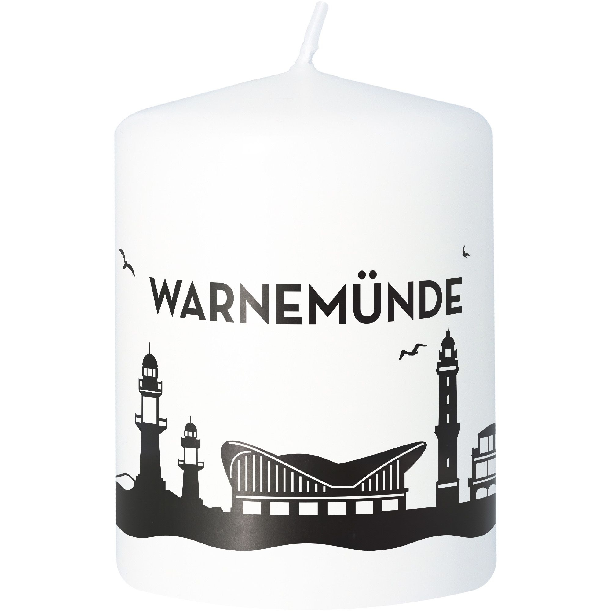 Stumpenkerze Skyline Warnemünde Weiß Kerze