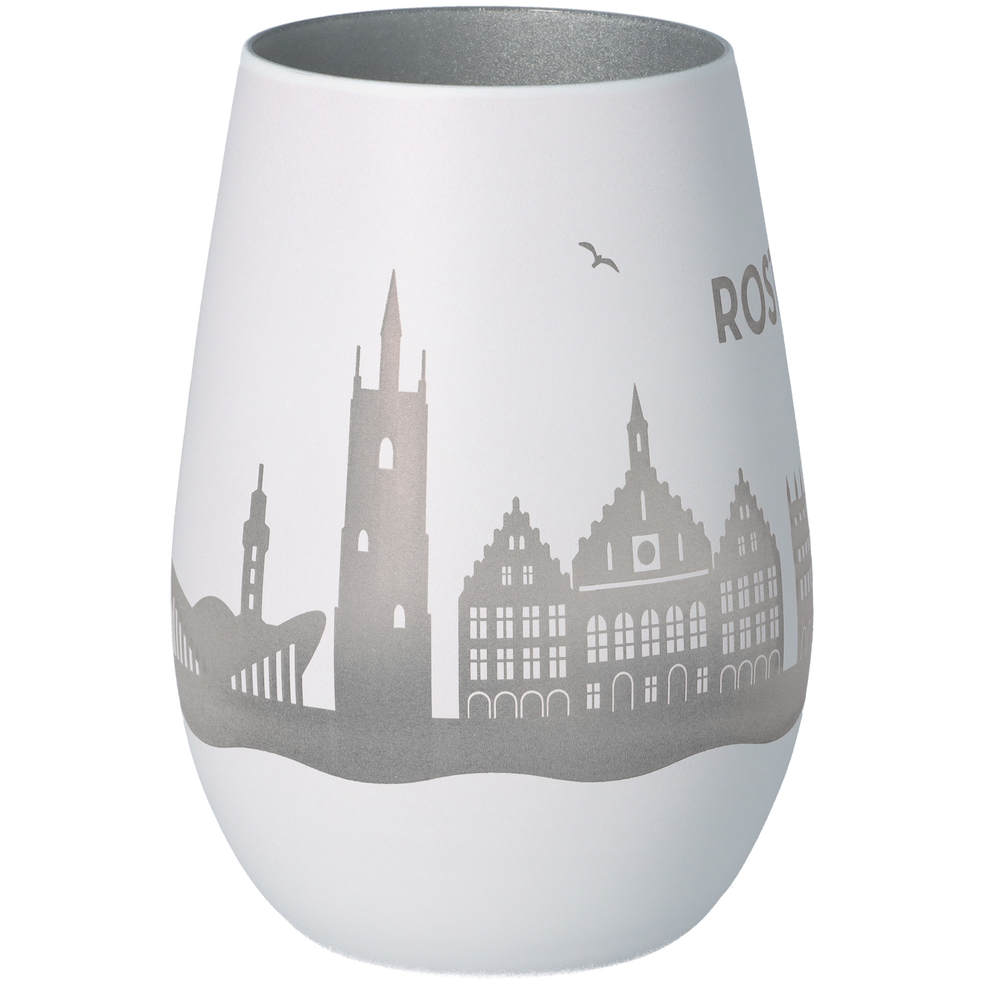 Windlicht Skyline Rostock Weiß/Silber Töpferei, Lampe, Kunst, Porzellan, Glas