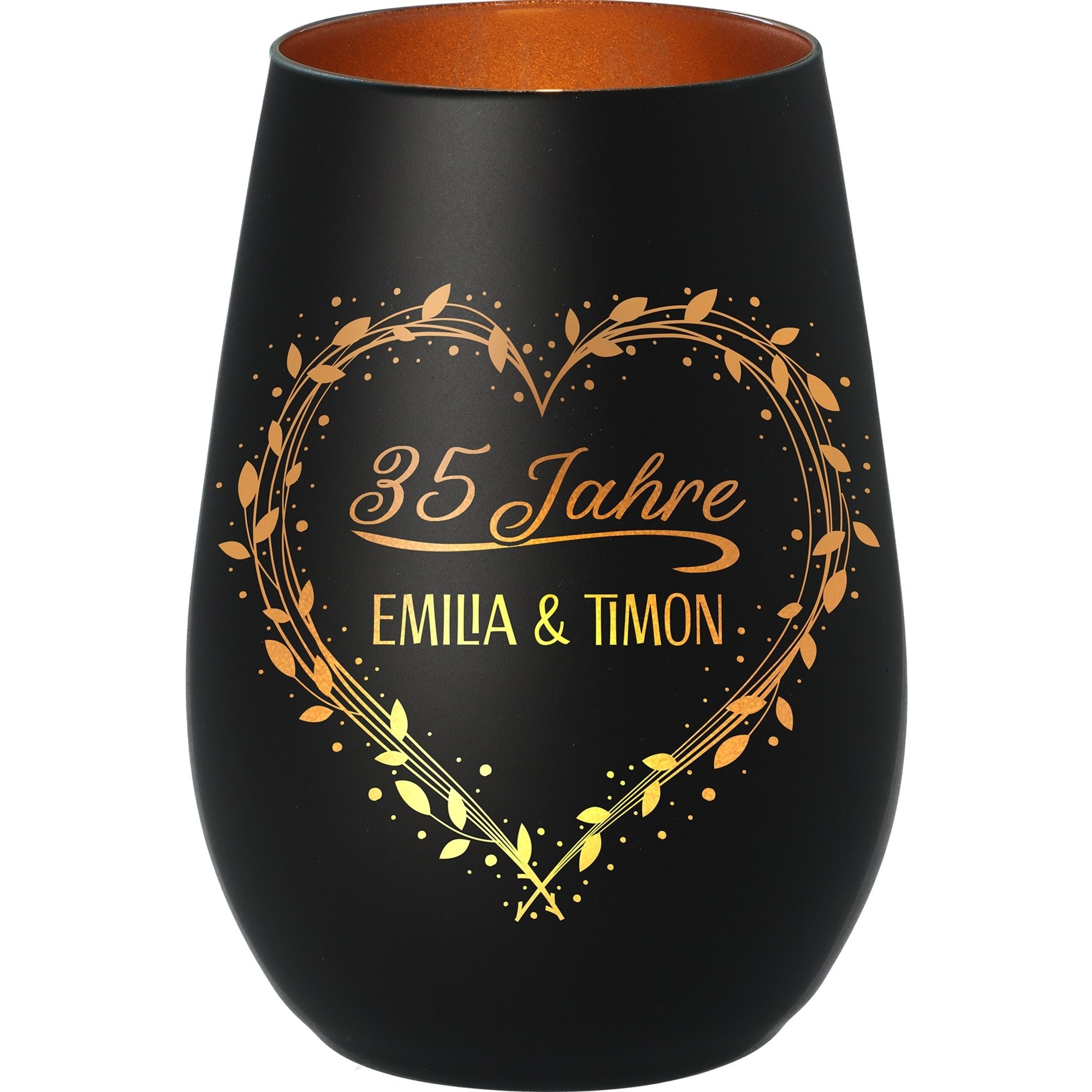 5b6ed1a4048e809f8ce123779059b0abf025a7b7 Windlicht Jubiläum "Namen+Zahl" Schwarz/Bronze