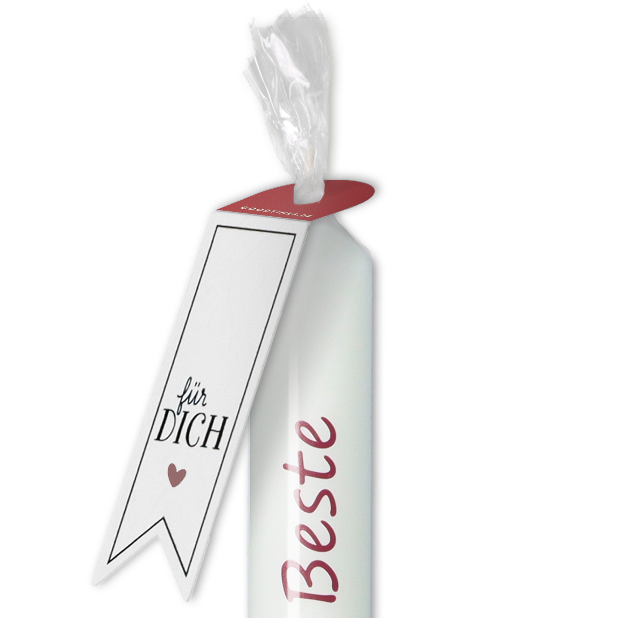 Stabkerze Weiß, Altrotes Herz "Du bist die Beste" Stabkerze Weiß, Altrotes Herz "Du bist die Beste"