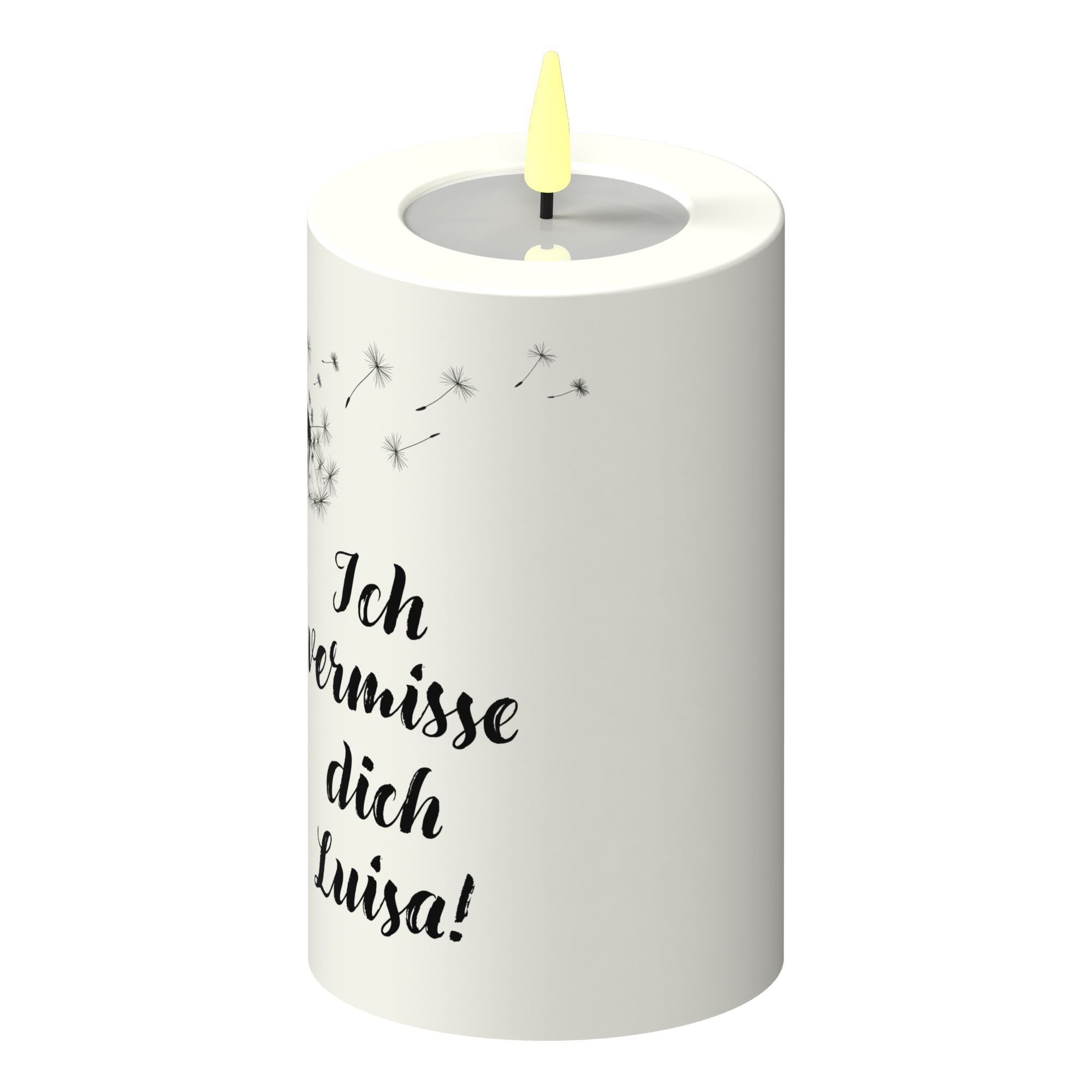 LED Stumpenkerze Weiß Pusteblume "Ich vermisse dich NAME"! LED Stumpenkerze Weiß Pusteblume "Ich vermisse dich NAME"!