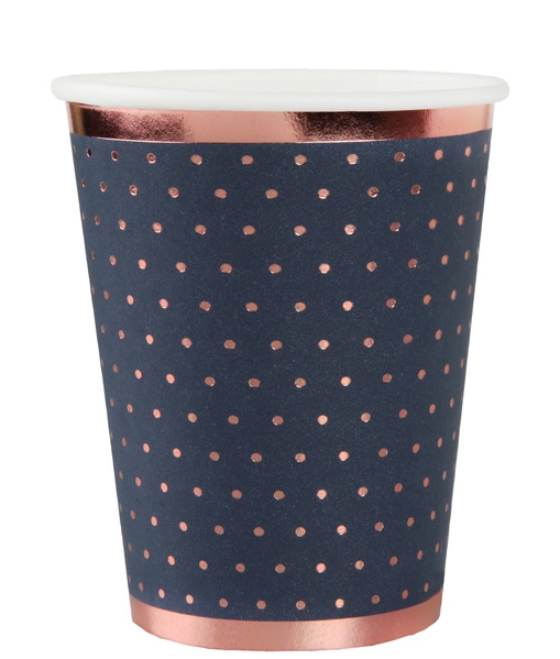 Glamour - 10 Pappbecher Blau / roségoldene Punkte