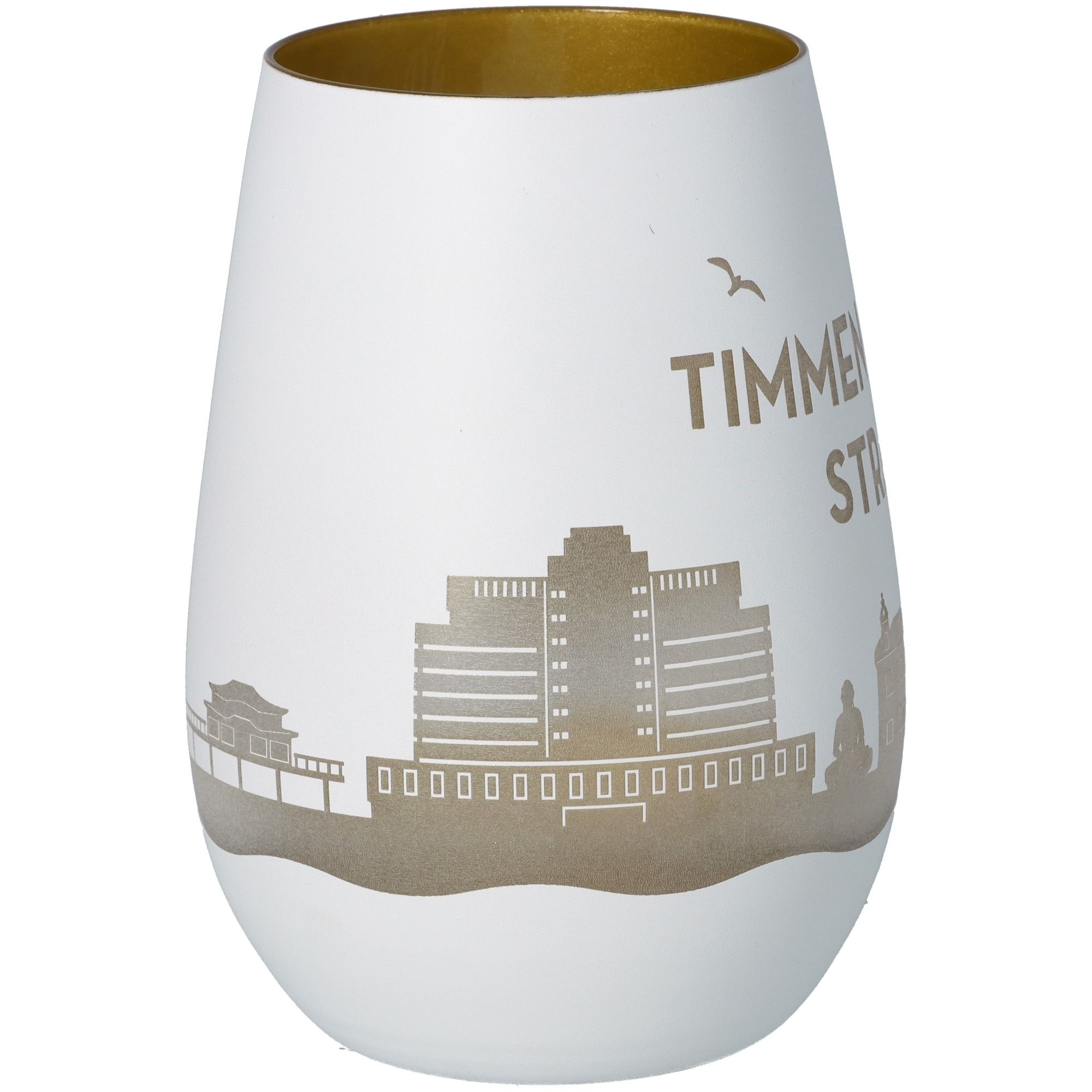 Windlicht Skyline Timmendorfer Strand Weiß/Gold Töpferei, Glas, Vase, Kunst, Porzellan