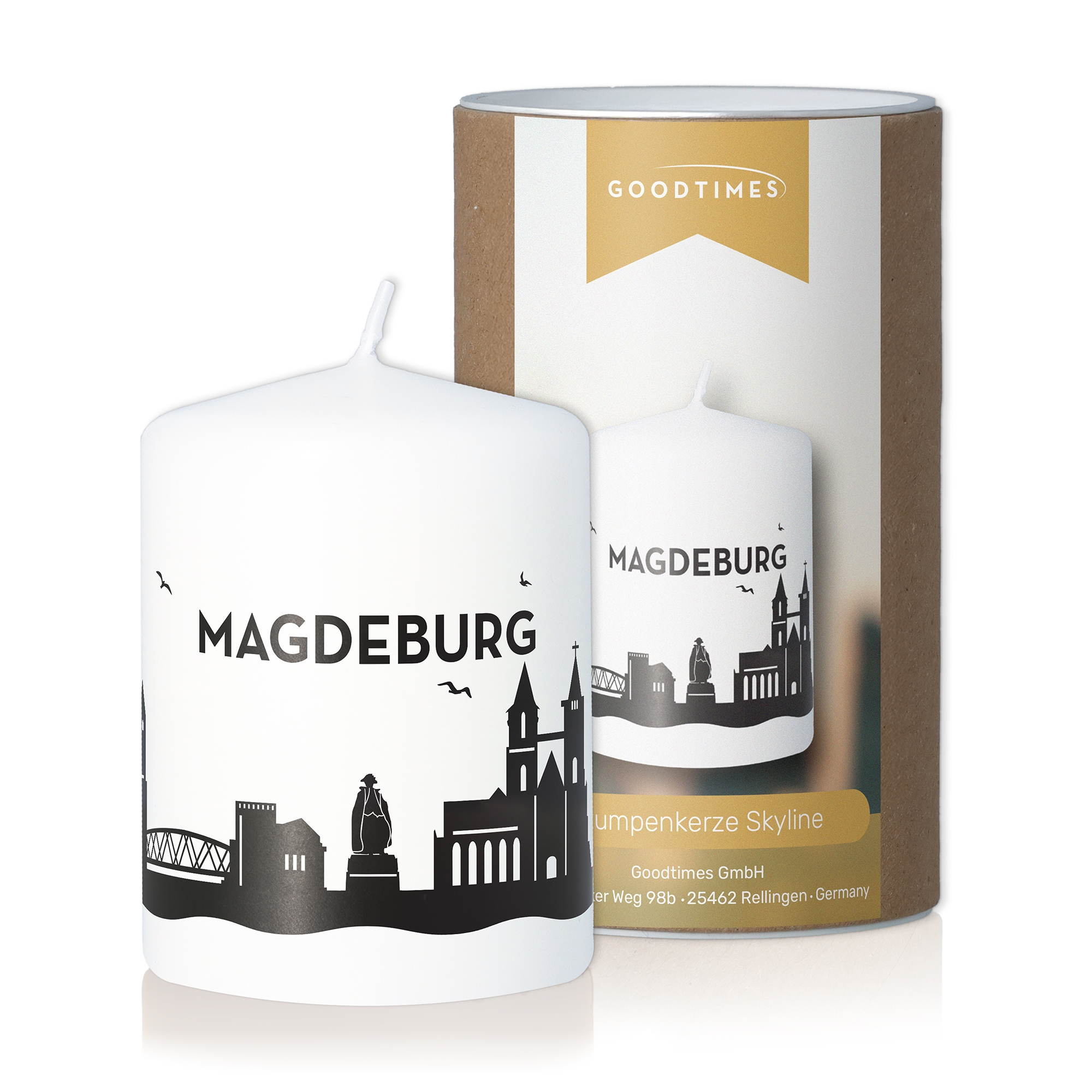 Stumpenkerze Skyline Magdeburg Weiß