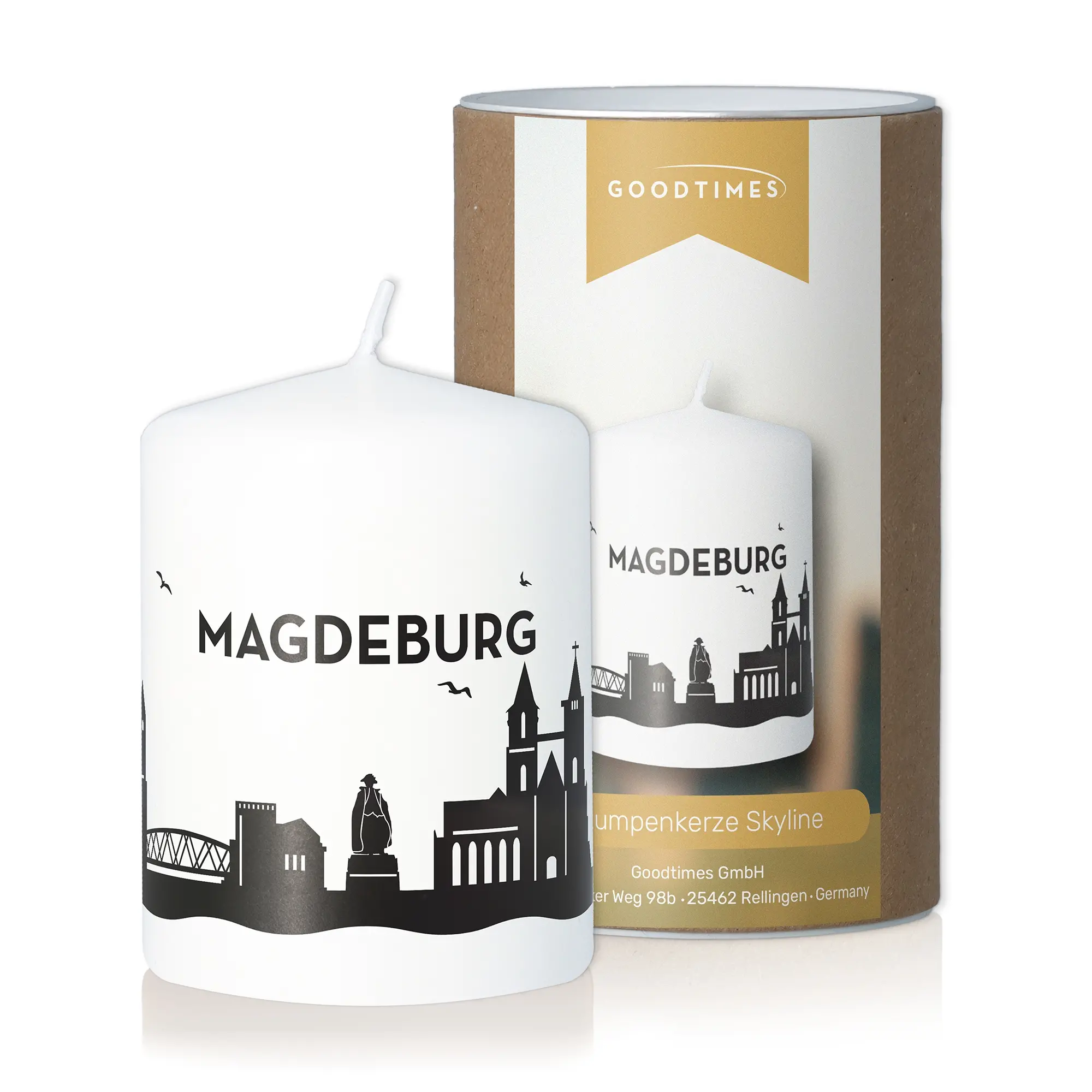 Stumpenkerze Skyline Magdeburg Weiß