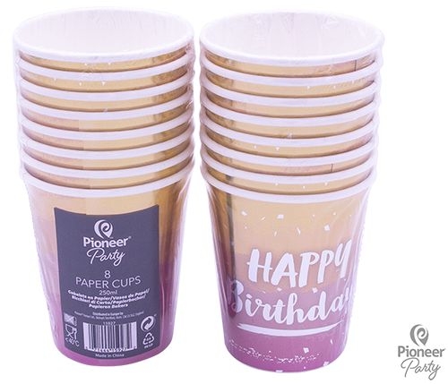 8 Pappbecher, Konfetti "Happy Birthday" Rosa/Gold