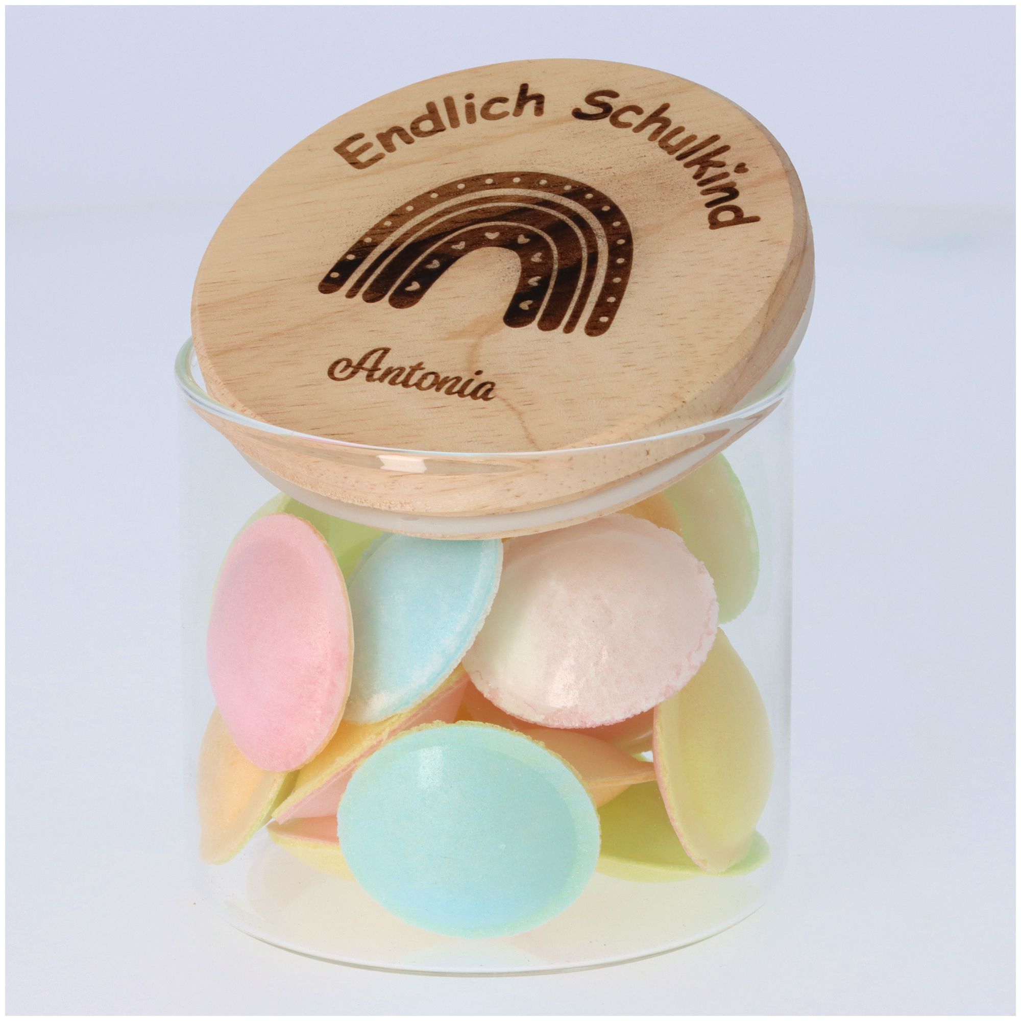 Geschenkglas Endlich Schulkind Regenbogen Herz "Name" 425ml