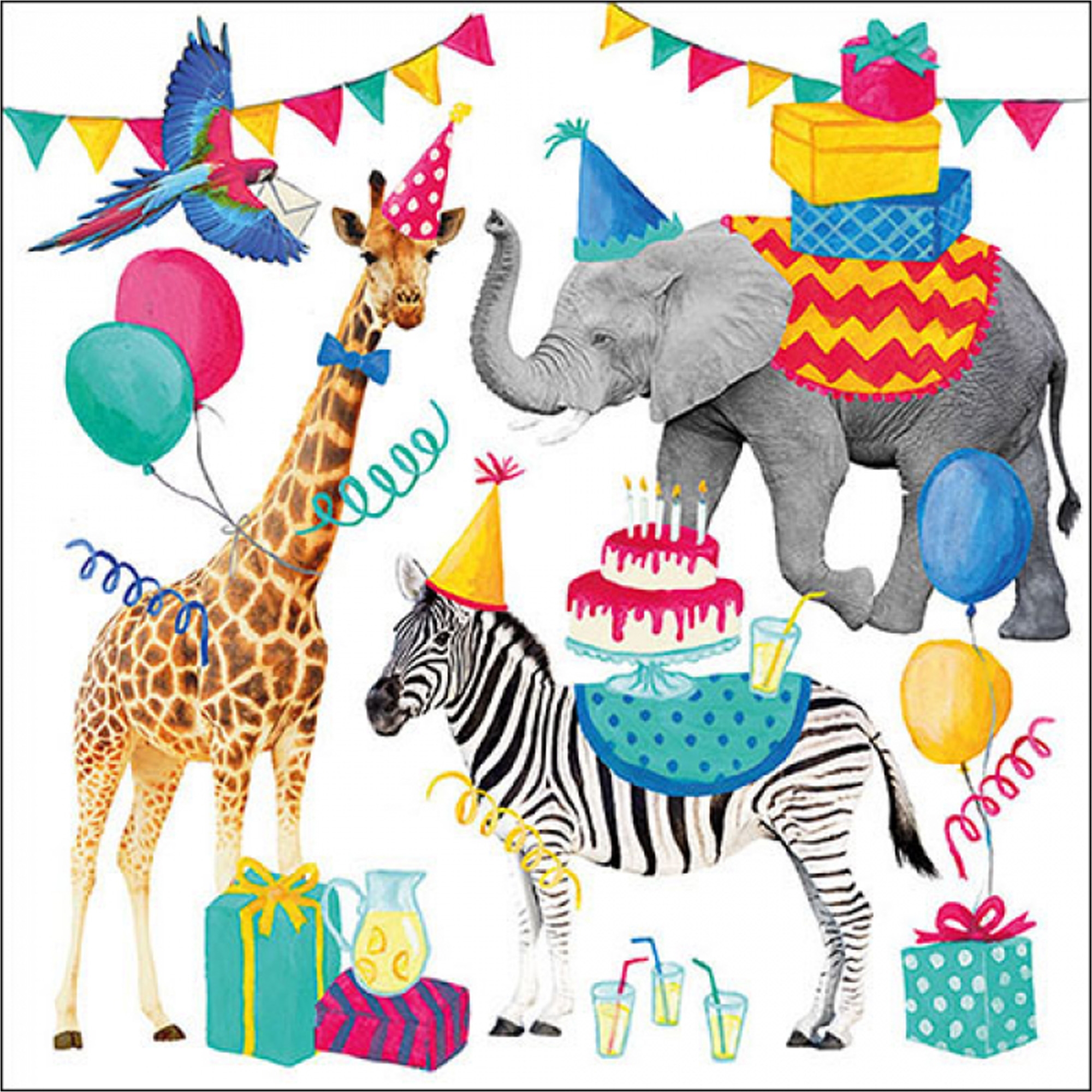 20 Servietten "Animal birthday" Leute, Hut, Zebra, Zirkus, Elefant