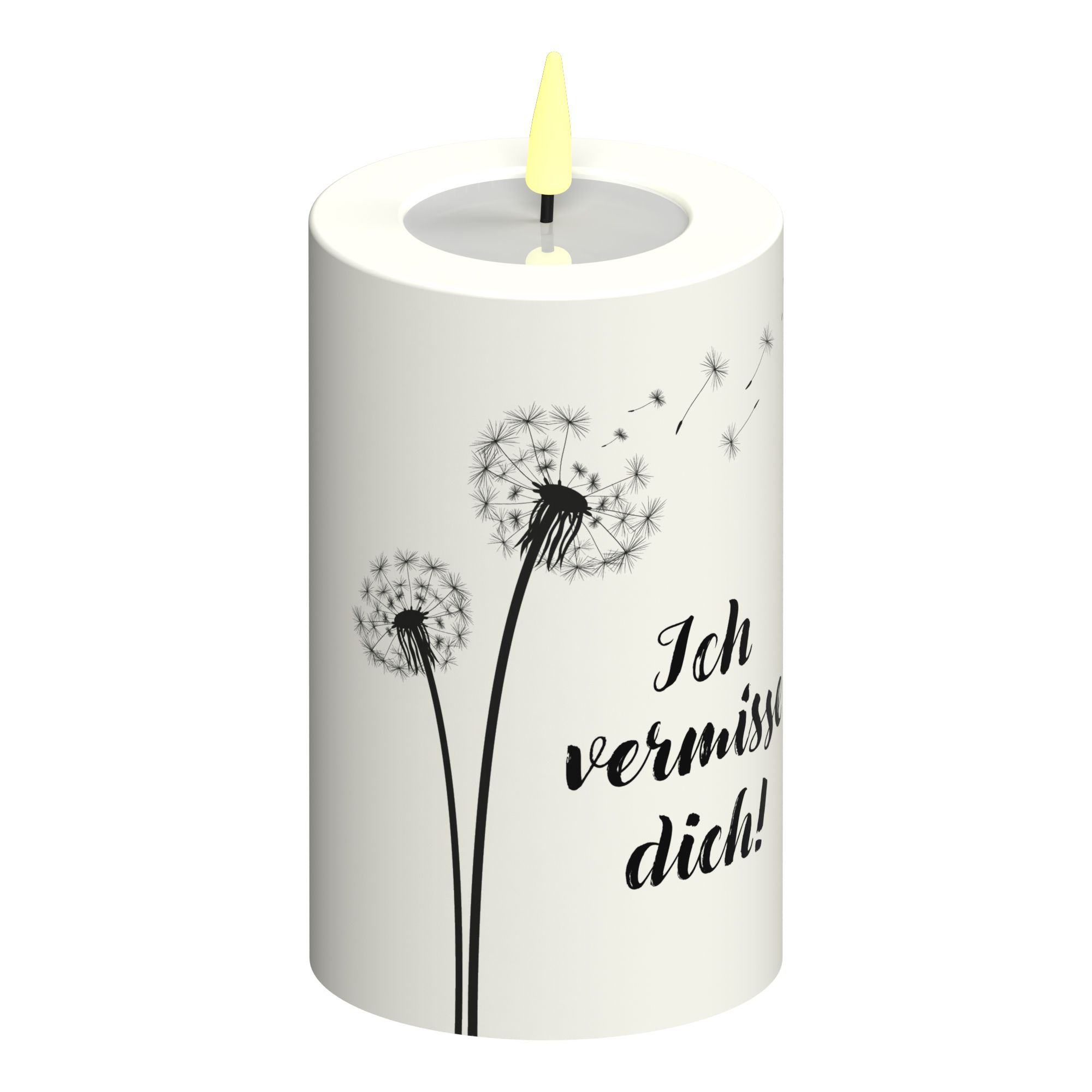 LED Stumpenkerze Weiß Pusteblume "Ich vermisse dich!" LED Stumpenkerze Weiß Pusteblume "Ich vermisse dich!"