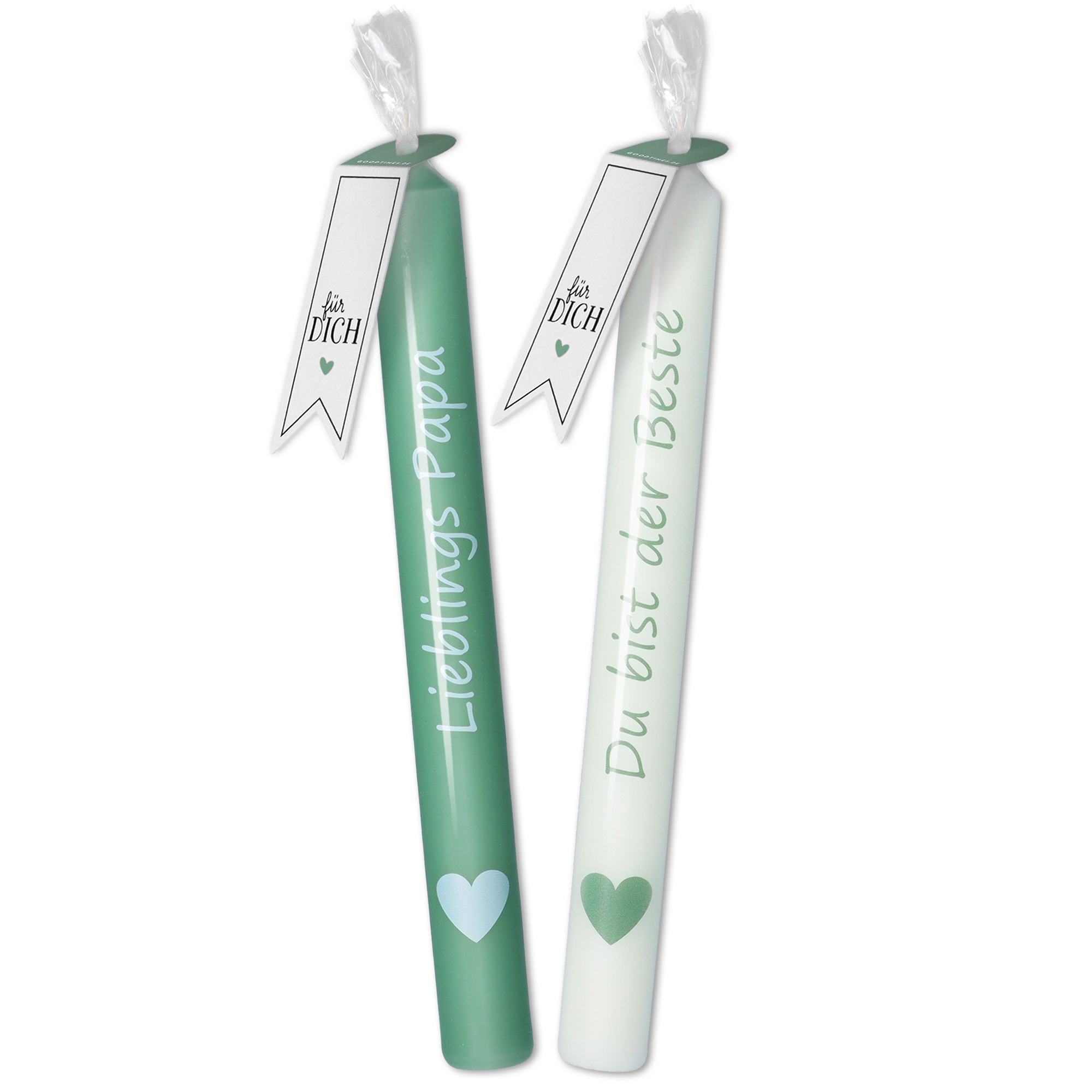 Stabkerzen-Set Smaragd/Weiß "Lieblings Papa" & "Du bist der Beste" Stabkerzen-Set Smaragd/Weiß "Lieblings Papa" & "Du bist der Beste"