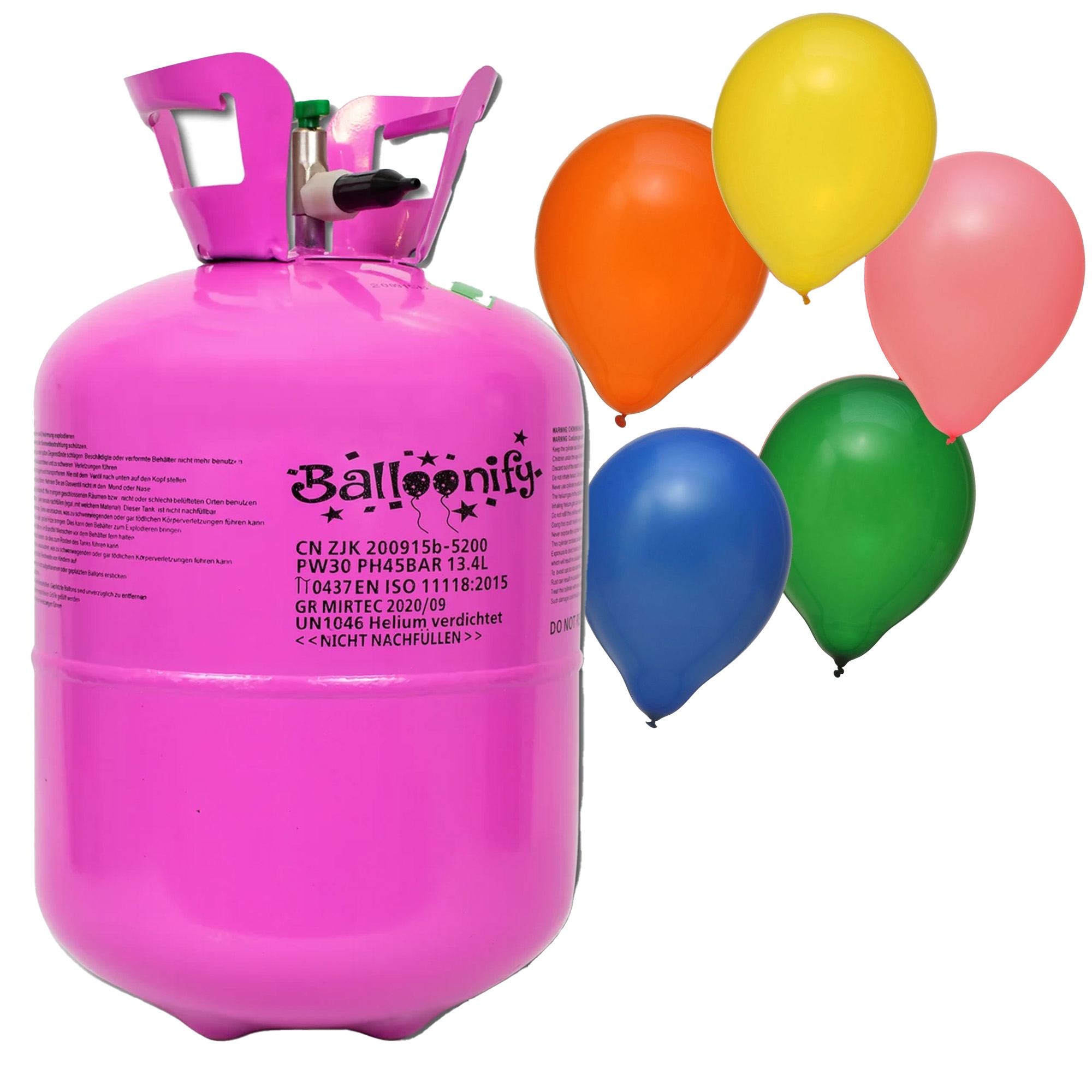 50er Ballonset: 50 bunte Ballons (23 cm) und Bänder mit Helium Einweg-Flasche 50er Ballonset: 50 bunte Ballons (23 cm) und Bänder mit Helium Einweg-Flasche