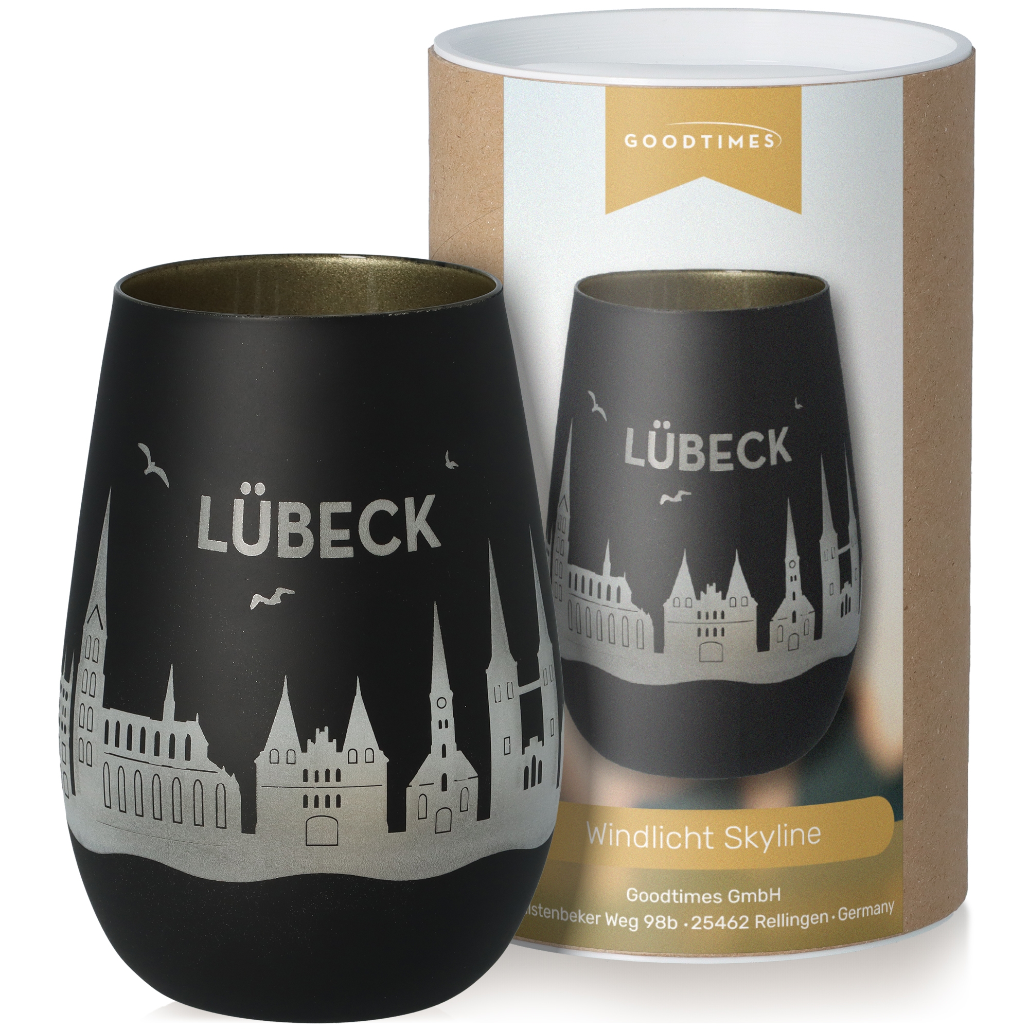 Windlicht Skyline Lübeck Schwarz/Gold Krug, Töpferei