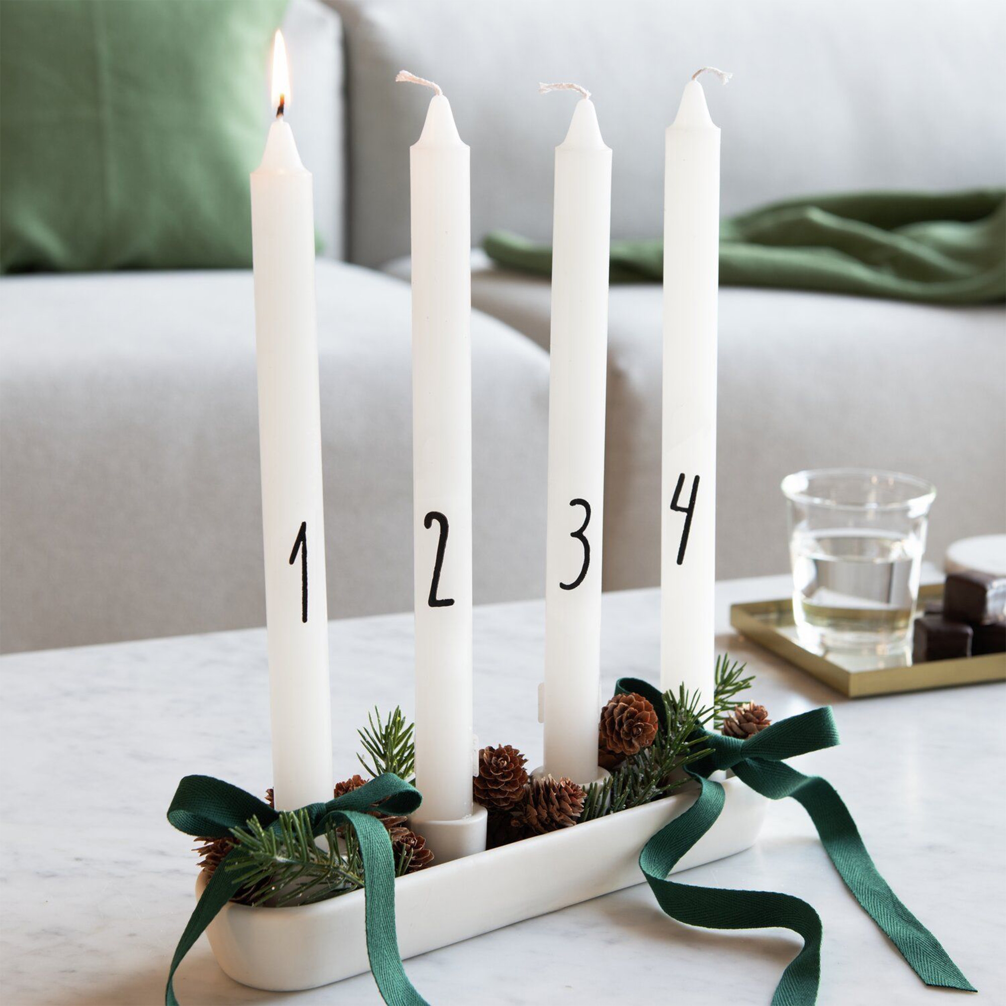 Adventskerzenset 1-4 in Weiß, 28 cm Kerze, Kerzenständer