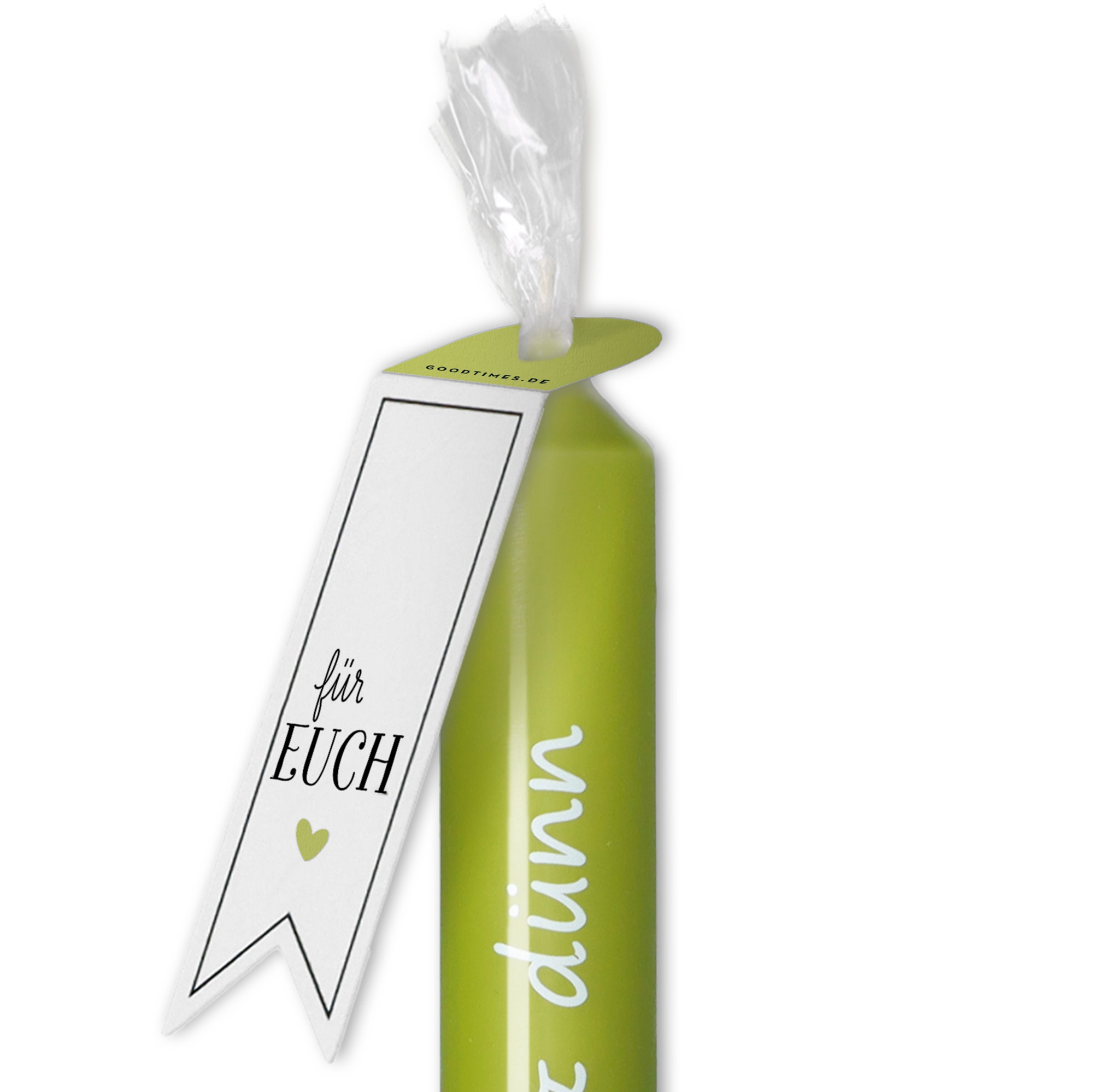 Stabkerze Olive, Weiß "12 1/2 durch dick und dünn" Stabkerze Olive, Weiß "12 1/2 durch dick und dünn"