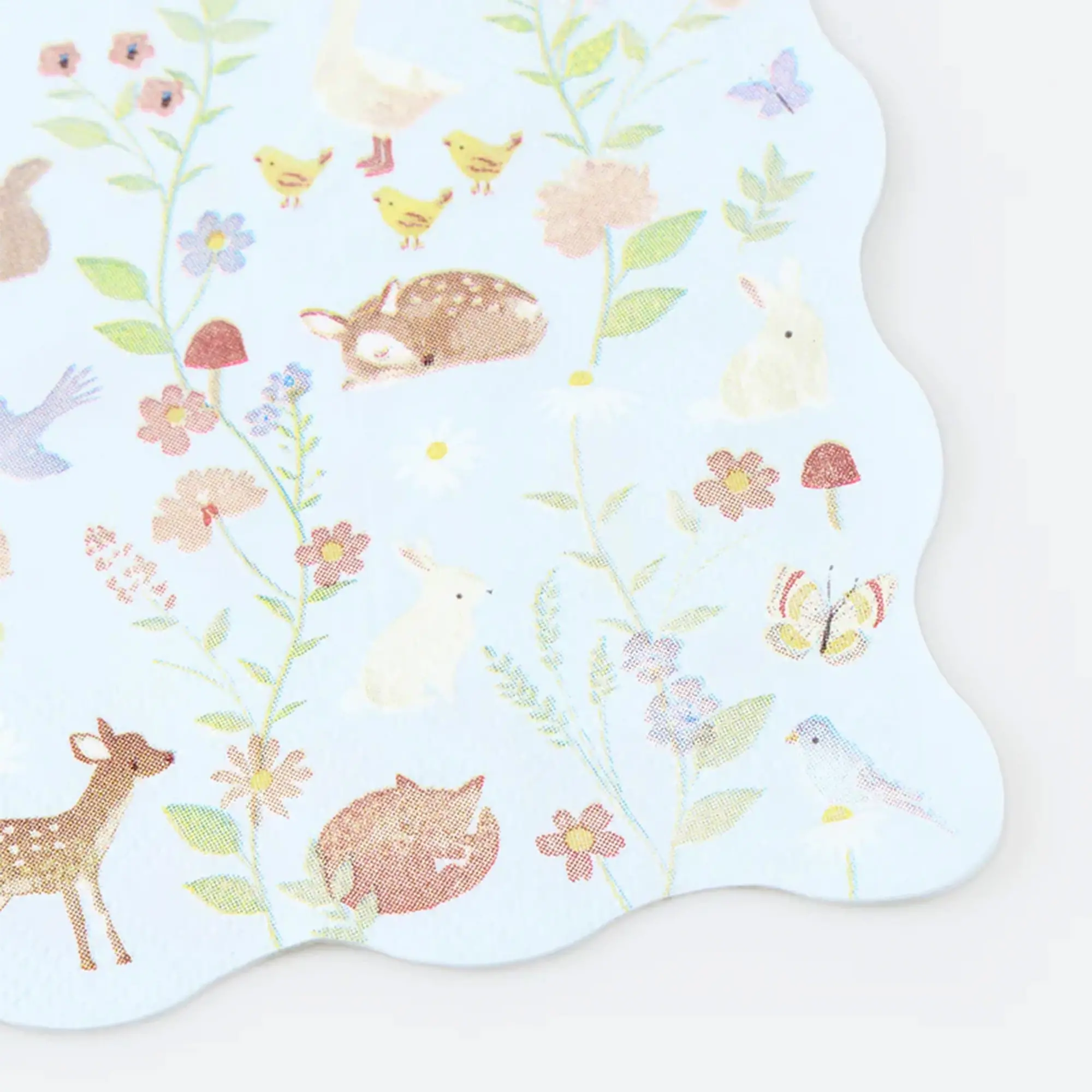 Kinderdecke, Waldtiere, Blumenmuster, Pastellblau, Wiese