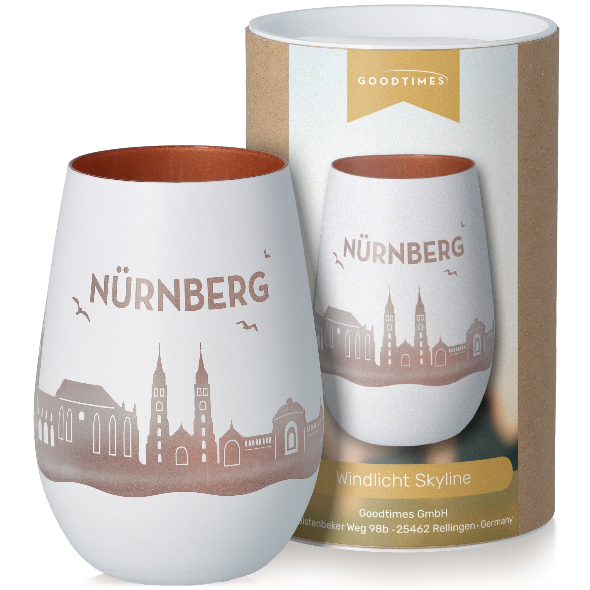 Windlicht Skyline Nürnberg Weiß/Bronze Töpferei, Tasse, Krug, Porzellan, Glas
