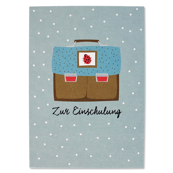 Postkarte Schulranzen "Zur Einschulung", Ocker/Blau