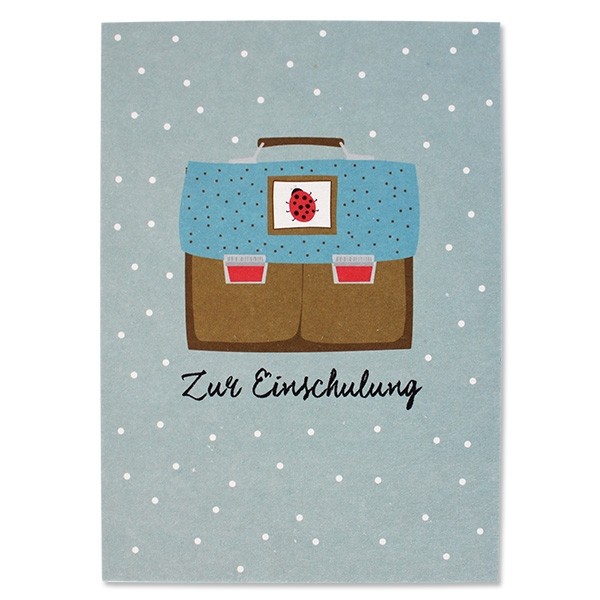 Postkarte Schulranzen "Zur Einschulung", Ocker/Blau Postkarte Schulranzen "Zur Einschulung", Ocker/Blau