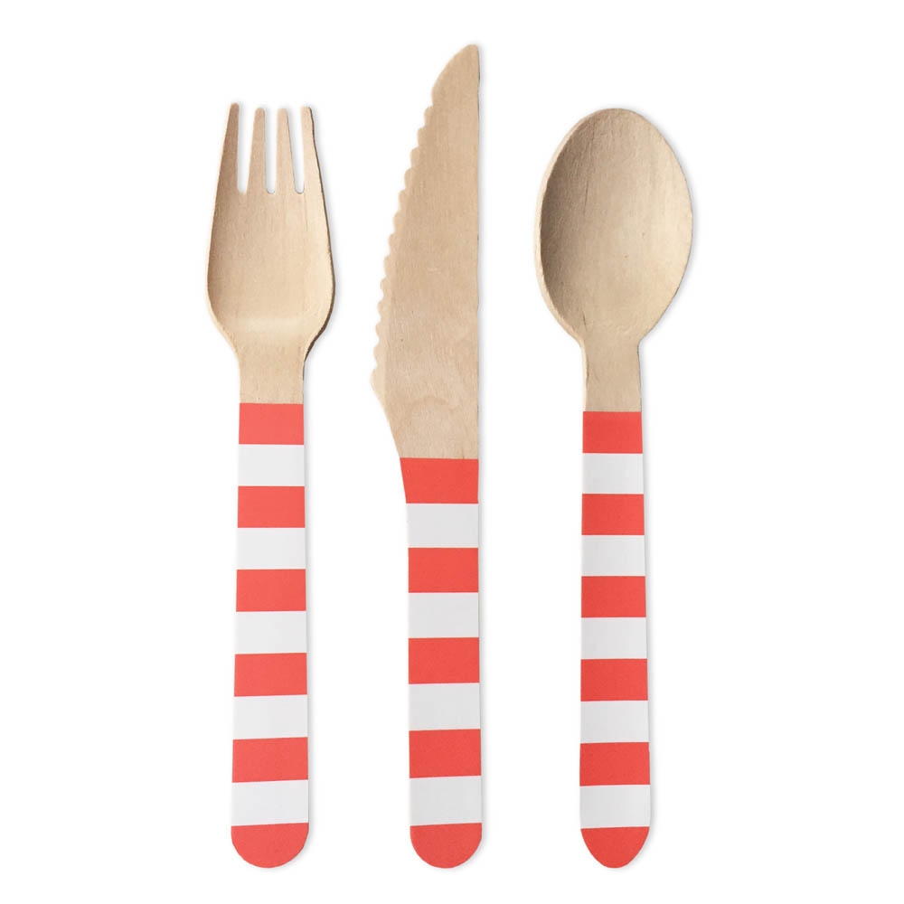 Flamingo - Holzbesteck Gestreift Korall Weiß 30 tlg. Flamingo - Holzbesteck Gestreift Korall Weiß 30 tlg.
