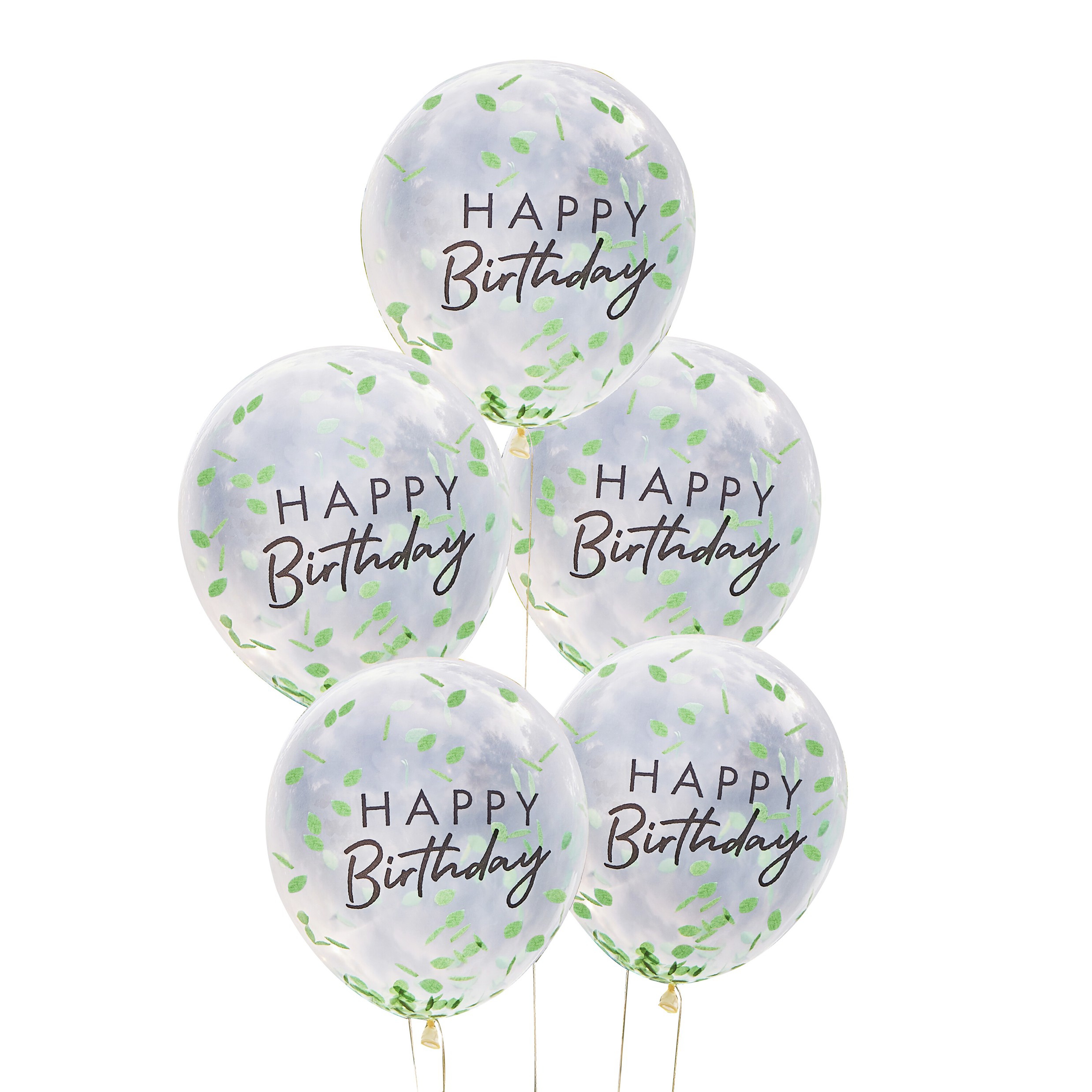 5 Konfettiballons "Happy Birthday"- Grüne Blätter Ø 30cm 5 Konfettiballons "Happy Birthday"- Grüne Blätter Ø 30cm