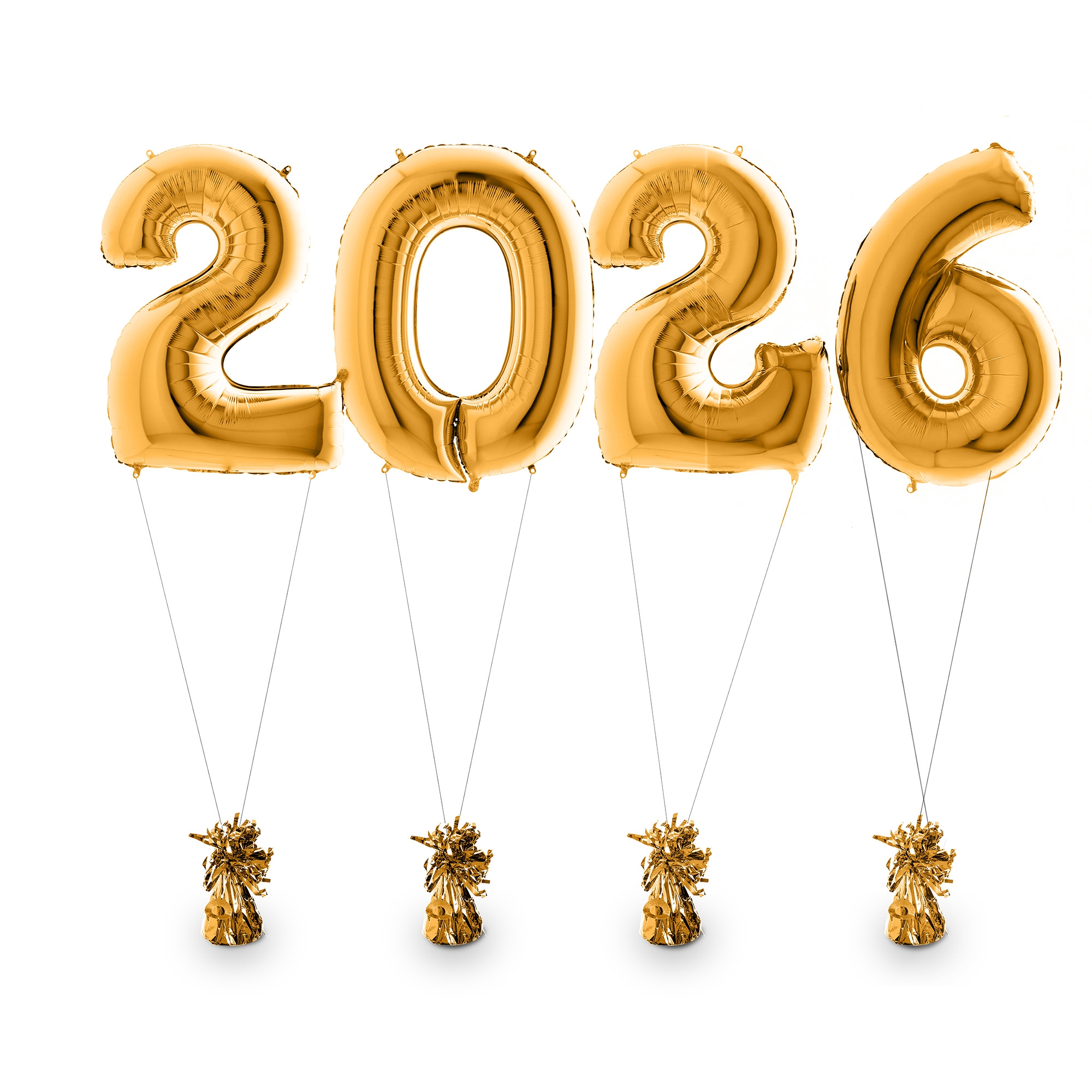 Zahlenballons 2026 Gold inkl. Helium & Gewichten 100 cm Zahl, Symbol, Text