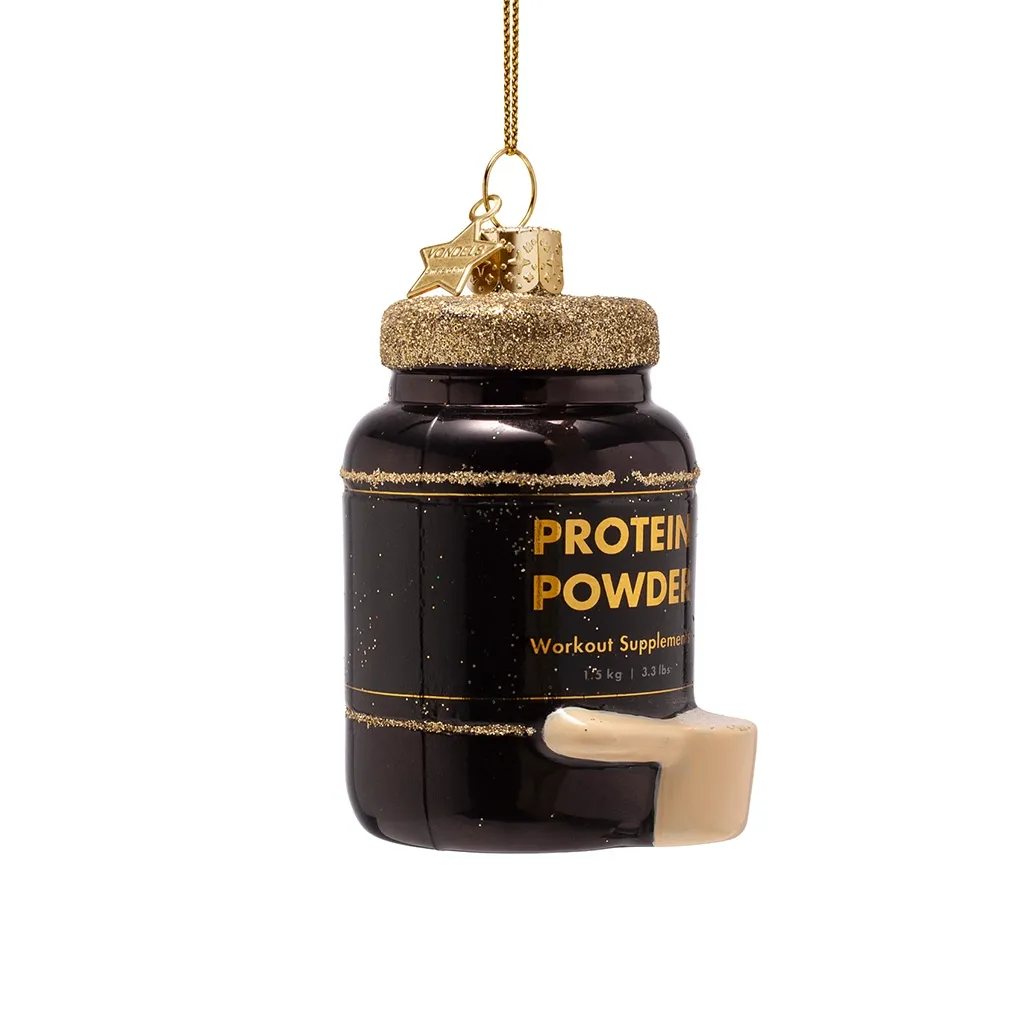 Proteinpulver, Fitness-Ergänzung, goldenes Ornament, schwarzer Behälter, Glitzer-Deckel