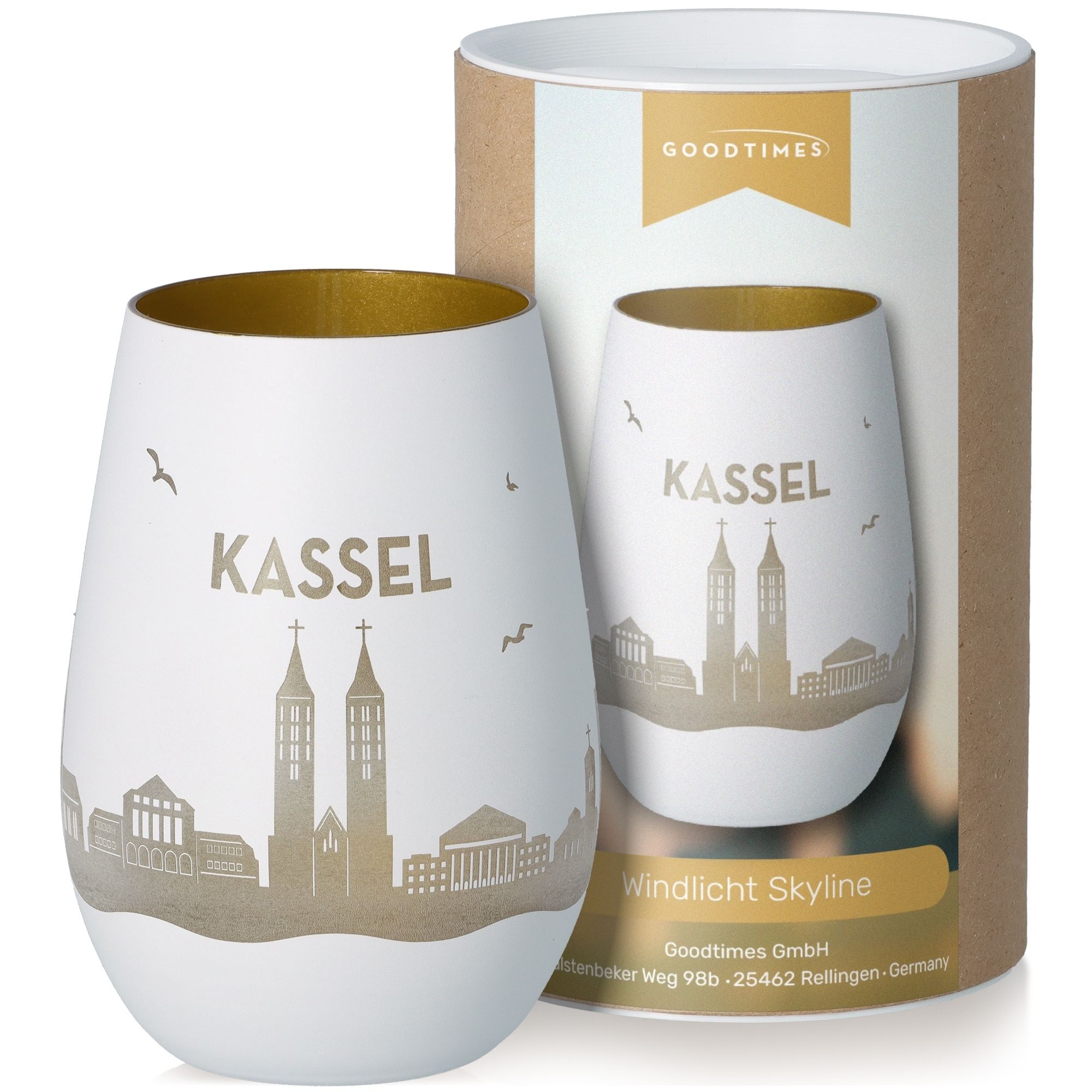 Windlicht Skyline Kassel Weiß/Gold Töpferei, Krug, Porzellan, Vase, Tasse