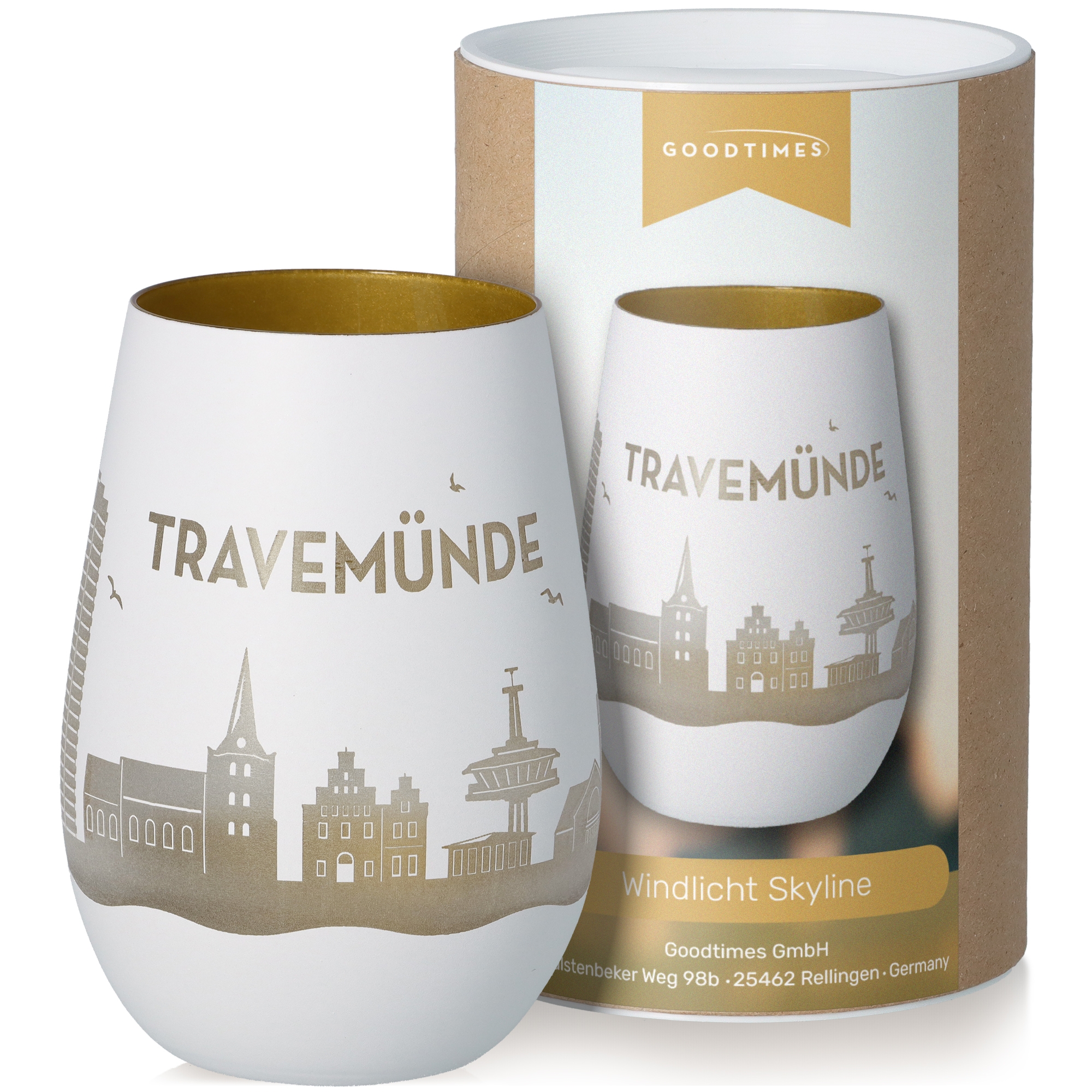 Windlicht Skyline Travemünde Weiß/Gold Töpferei, Tasse, Krug, Kunst, Porzellan