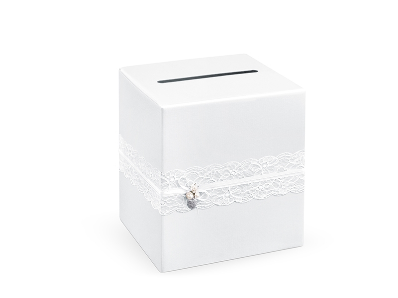 Glückwunsch-Kartenbox Perlweiß mit weißer Spitze Glückwunsch-Kartenbox Perlweiß mit weißer Spitze