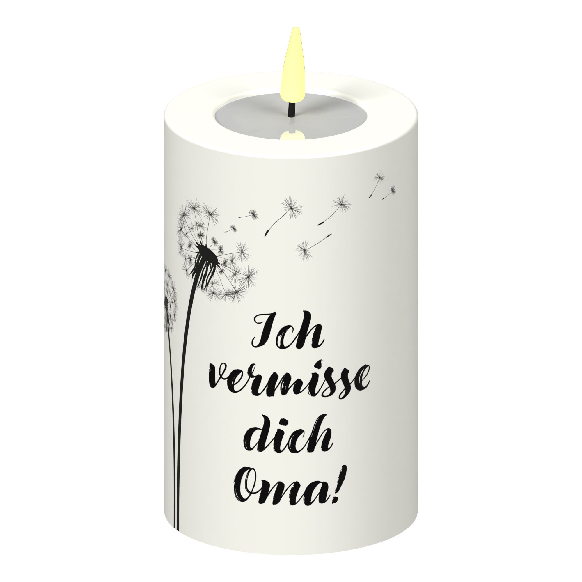 LED Stumpenkerze Weiß Pusteblume "Ich vermisse dich Oma!"