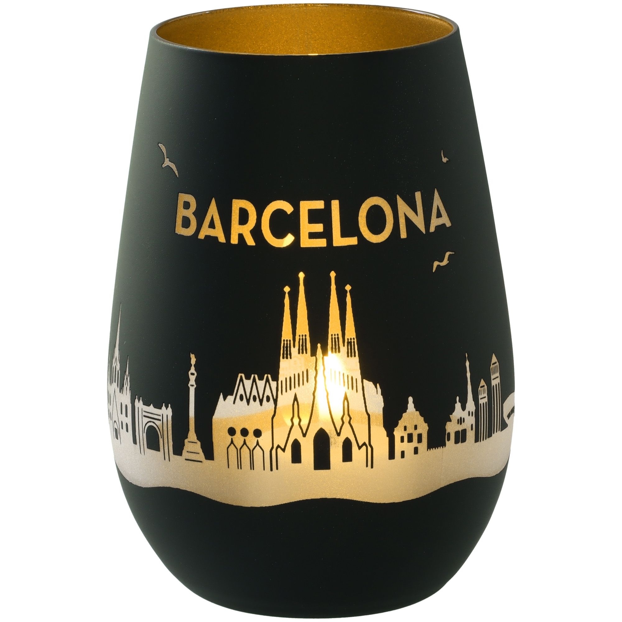 Windlicht Skyline Barcelona Schwarz/Gold Lampe, Glas, Töpferei, Lampenschirm