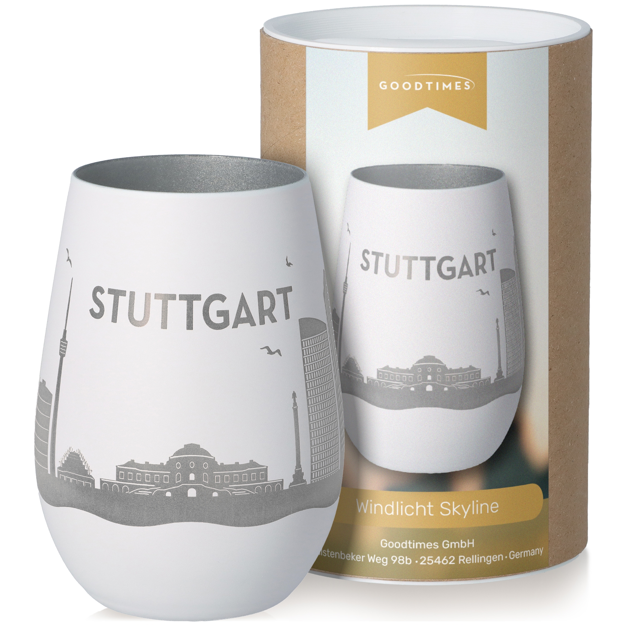 Windlicht Skyline Stuttgart Weiß/Silber Töpferei, Glas, Einmachglas, Tasse