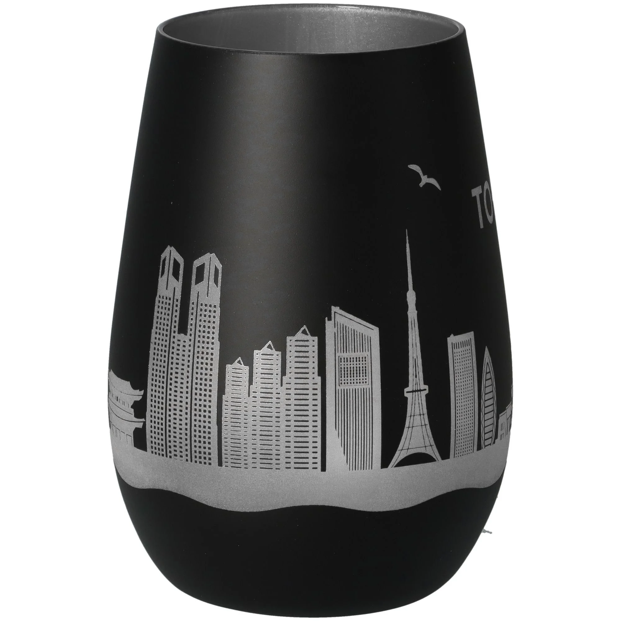 Vase, schwarz, Stadtsilhouette, matte Oberfläche, Drucksilhouette