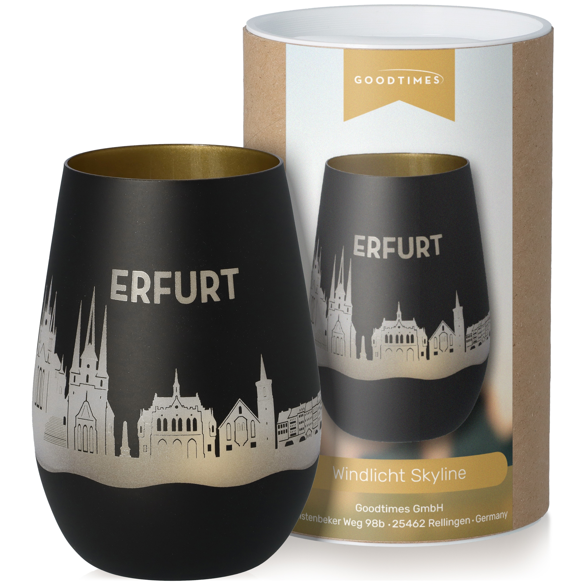Windlicht Skyline Erfurt Schwarz/Gold Krug, Töpferei, Lampe