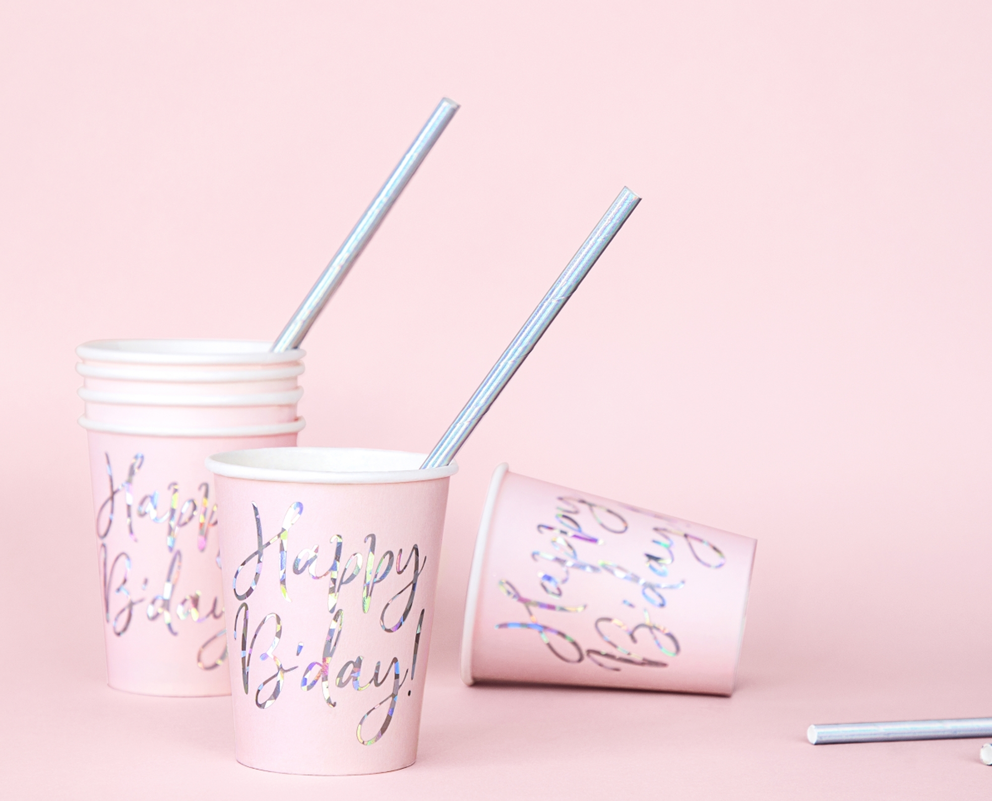 6 Pappbecher - Happy Birthday - Rosa / Silber 6 Pappbecher - Happy Birthday - Rosa / Silber
