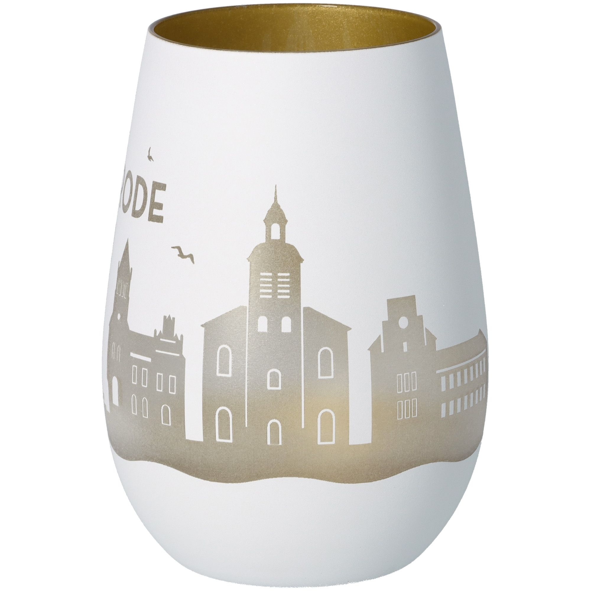 Windlicht Skyline Walsrode Weiß/Gold Töpferei, Lampe, Porzellan, Glas, Lampenschirm