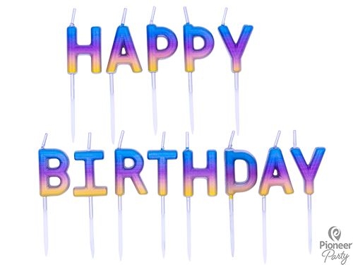 Geburtstagskerzen, "Happy Birthday" Regenbogen