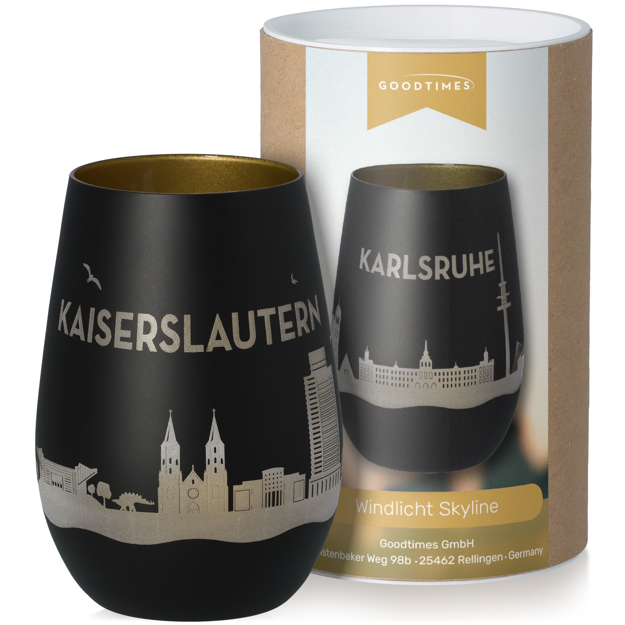 Windlicht Skyline Kaiserslautern Schwarz/Gold Krug, Töpferei