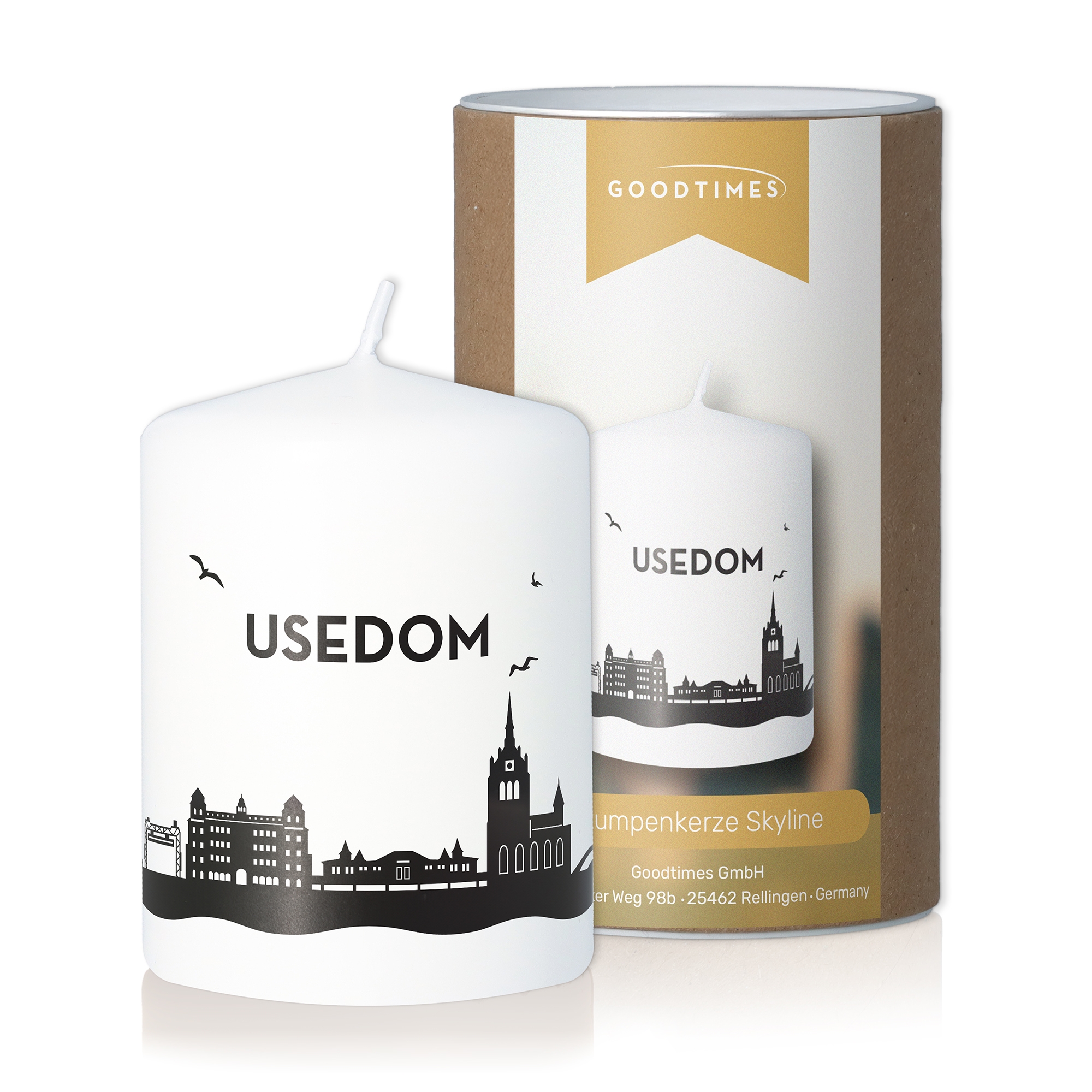 Stumpenkerze Skyline Usedom Weiß Kerze