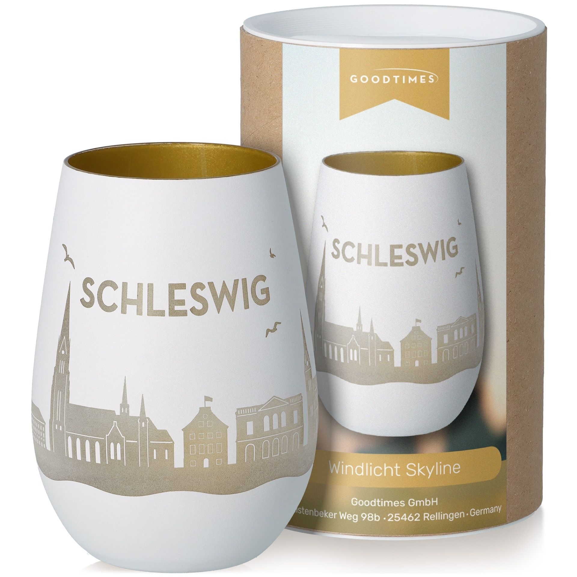 Windlicht Skyline Schleswig Weiß/Gold Töpferei, Tasse, Krug