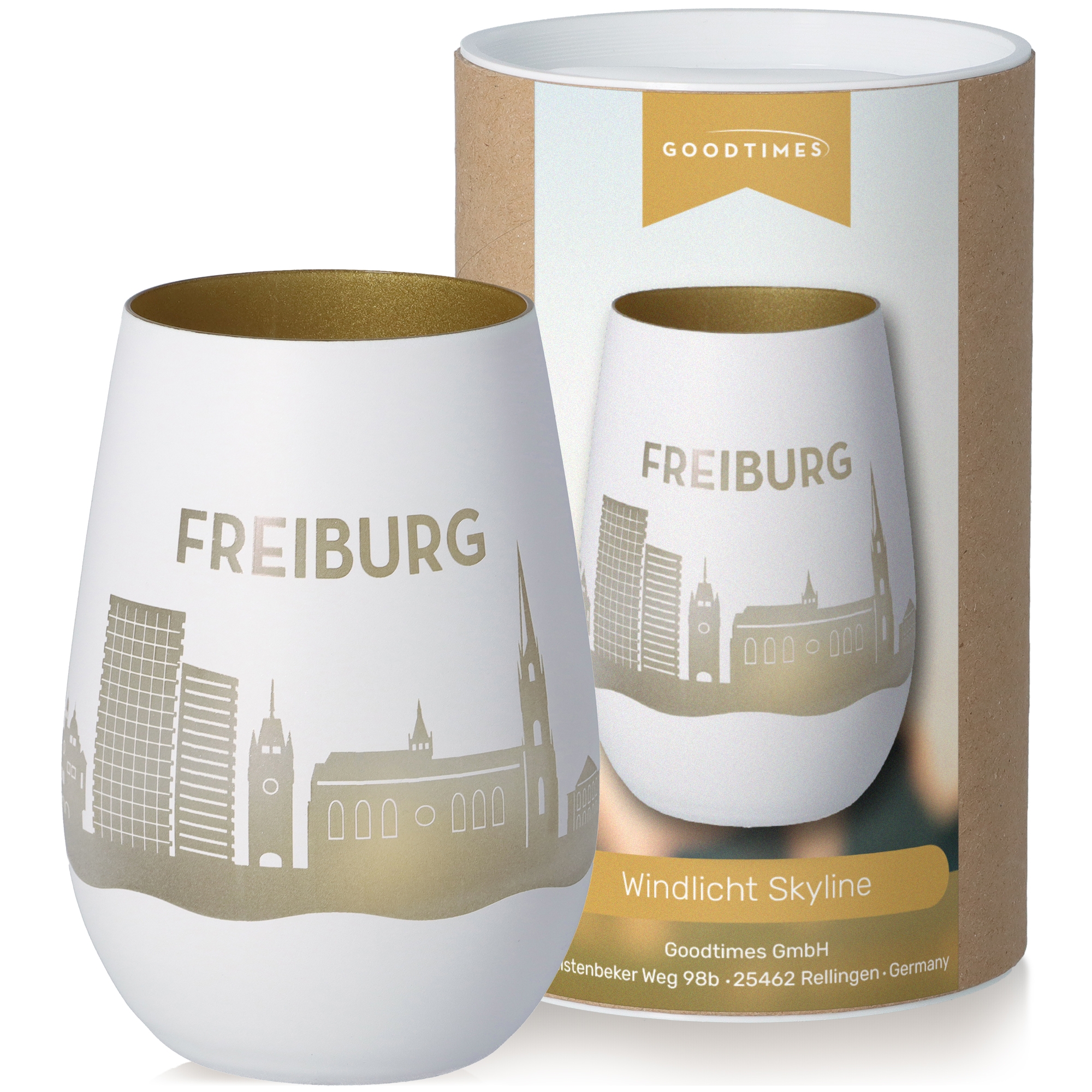 Windlicht Skyline Freiburg Weiß/Gold