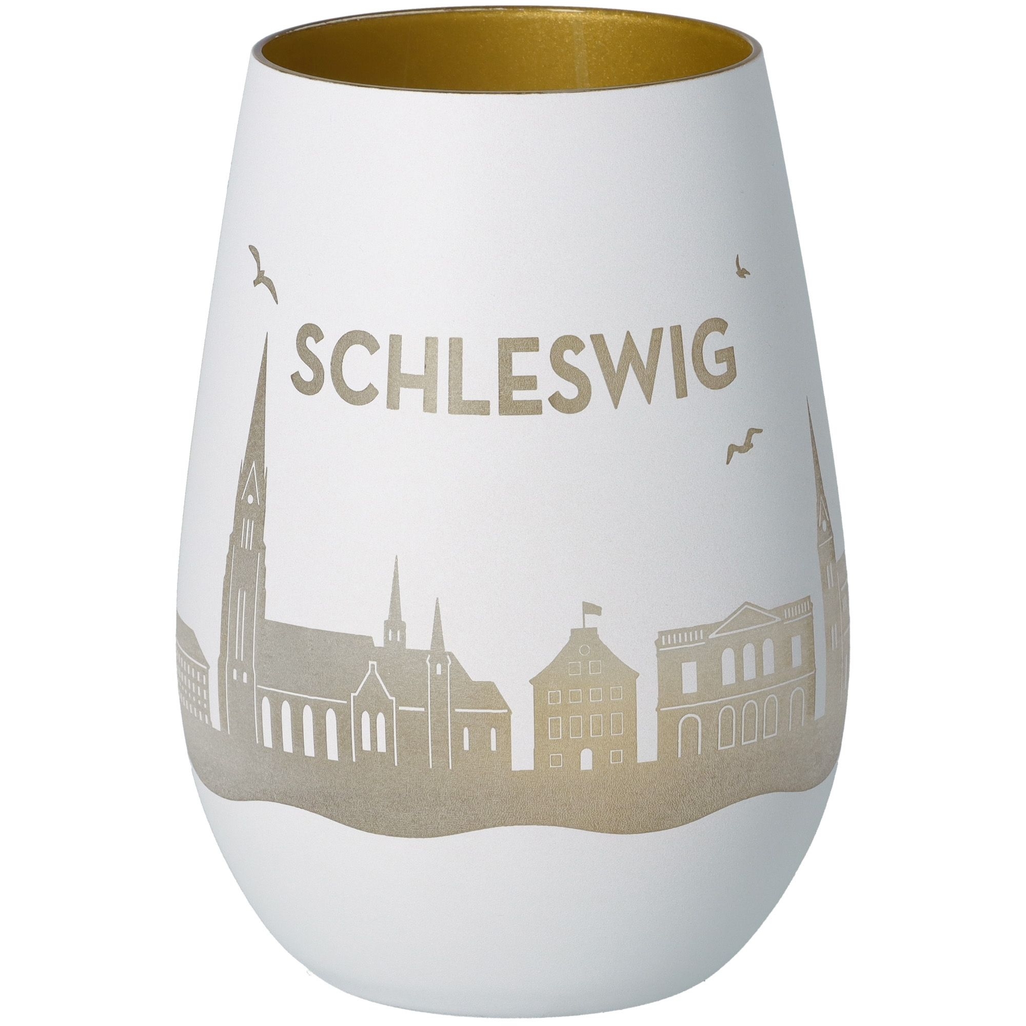 Windlicht Skyline Schleswig Weiß/Gold Töpferei, Krug, Vase, Porzellan, Glas