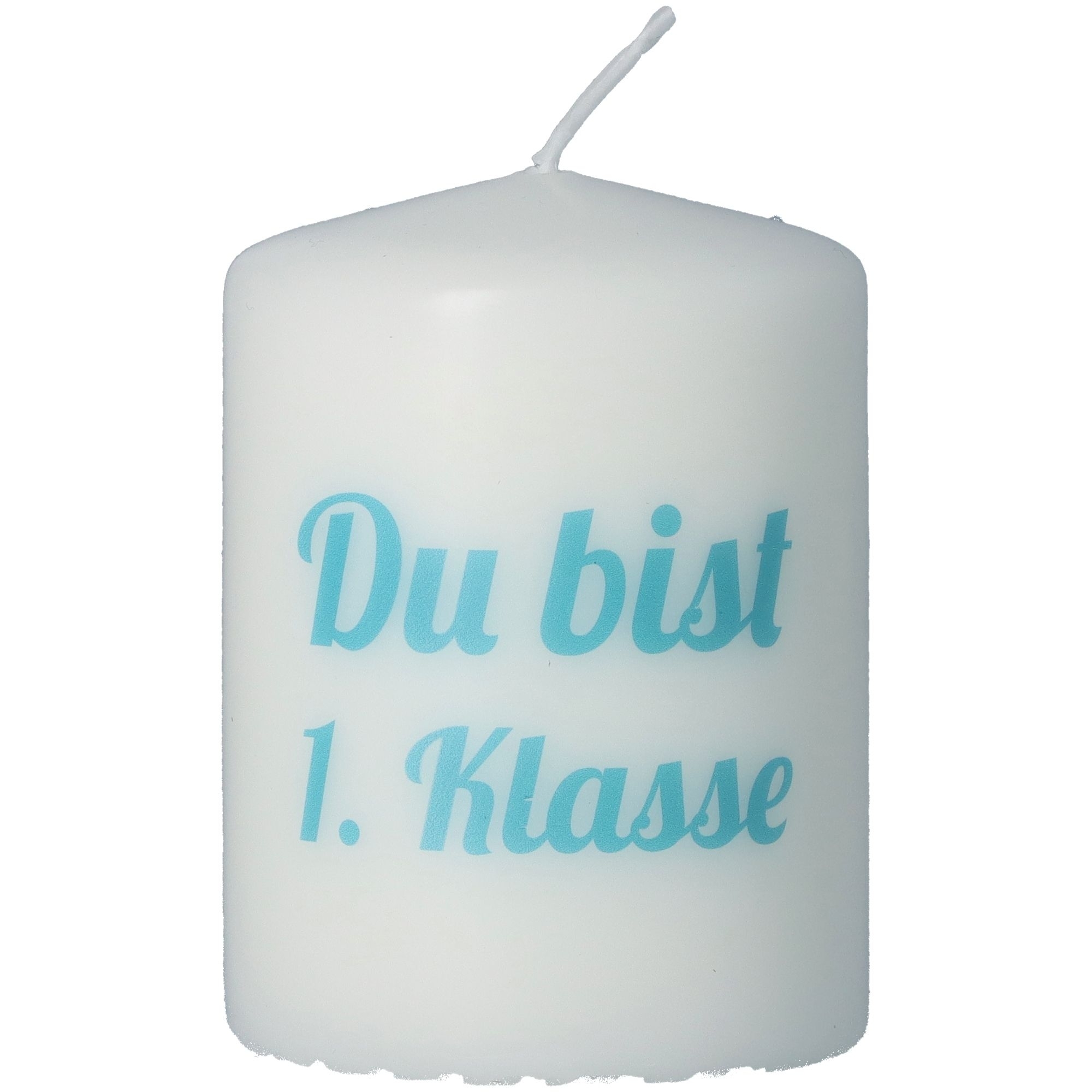 Stumpenkerze "du bist..." Weiß / Türkis Kerze