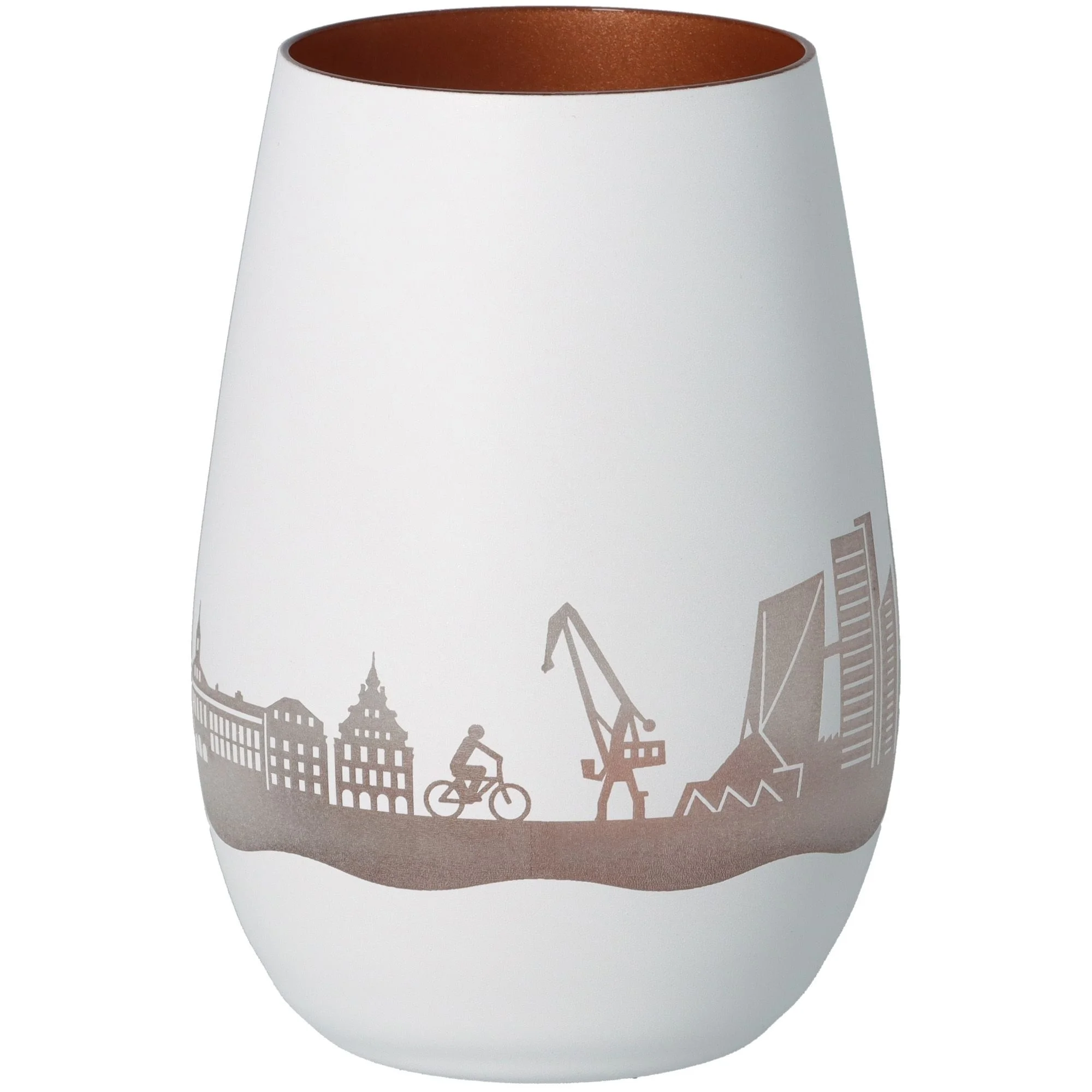 vase, weiß, Stadt-Silhouette, braune Rand, Keramik