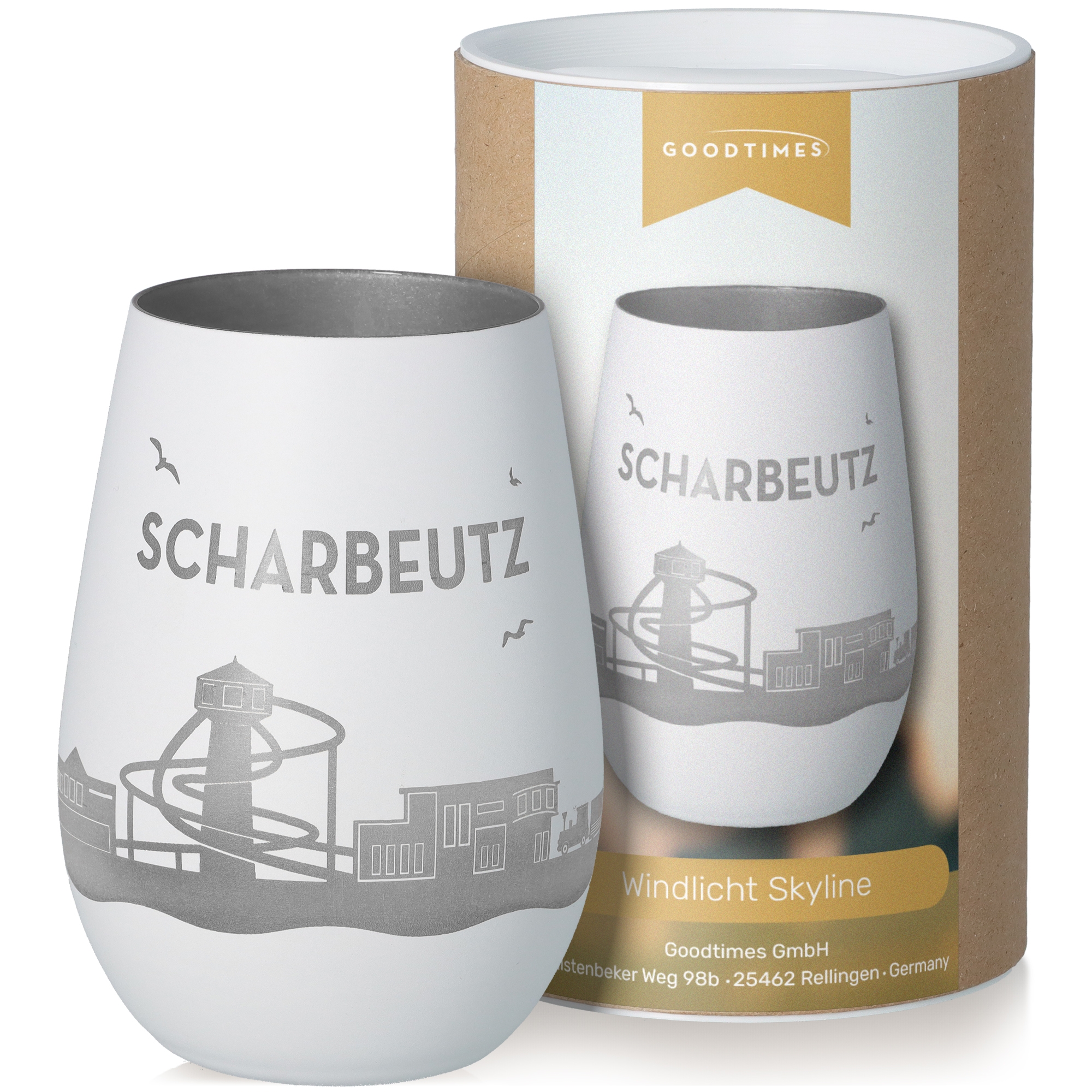 Windlicht Skyline Scharbeutz Weiß/Silber Töpferei, Krug, Tasse