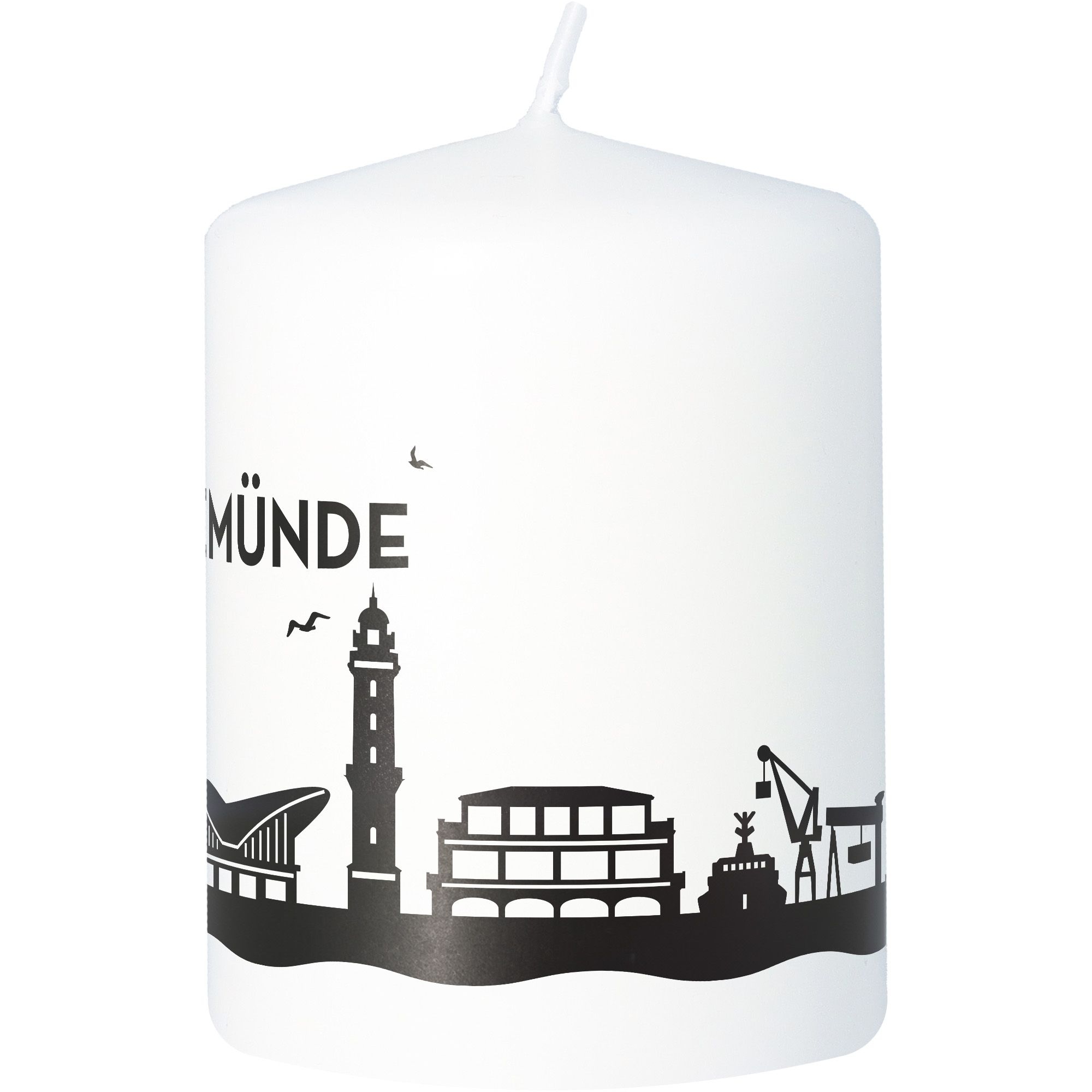 Stumpenkerze Skyline Warnemünde Weiß