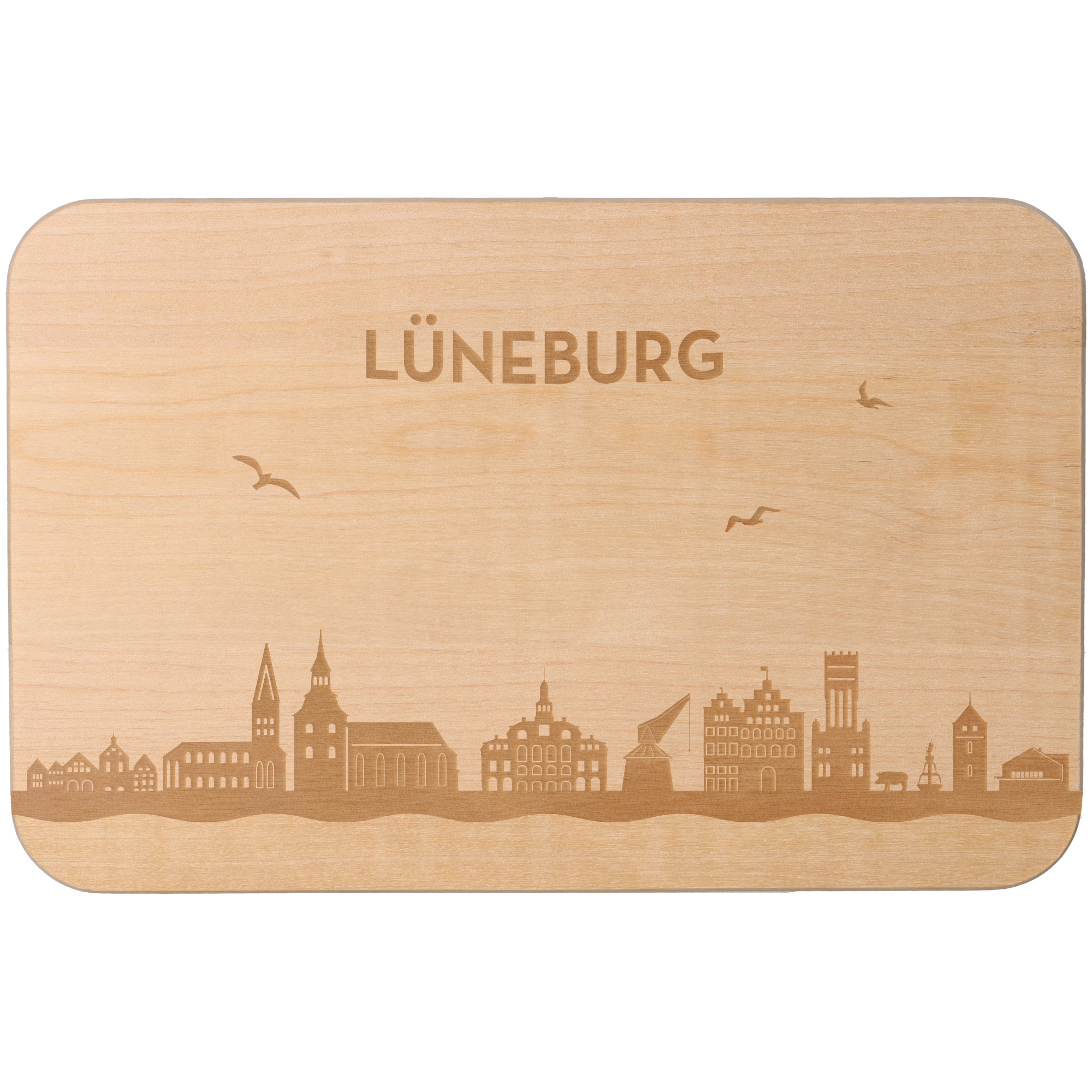 Frühstücksbrett Skyline Lüneburg 23cm x 15cm x 1cm Holz, Matte, Sperrholz