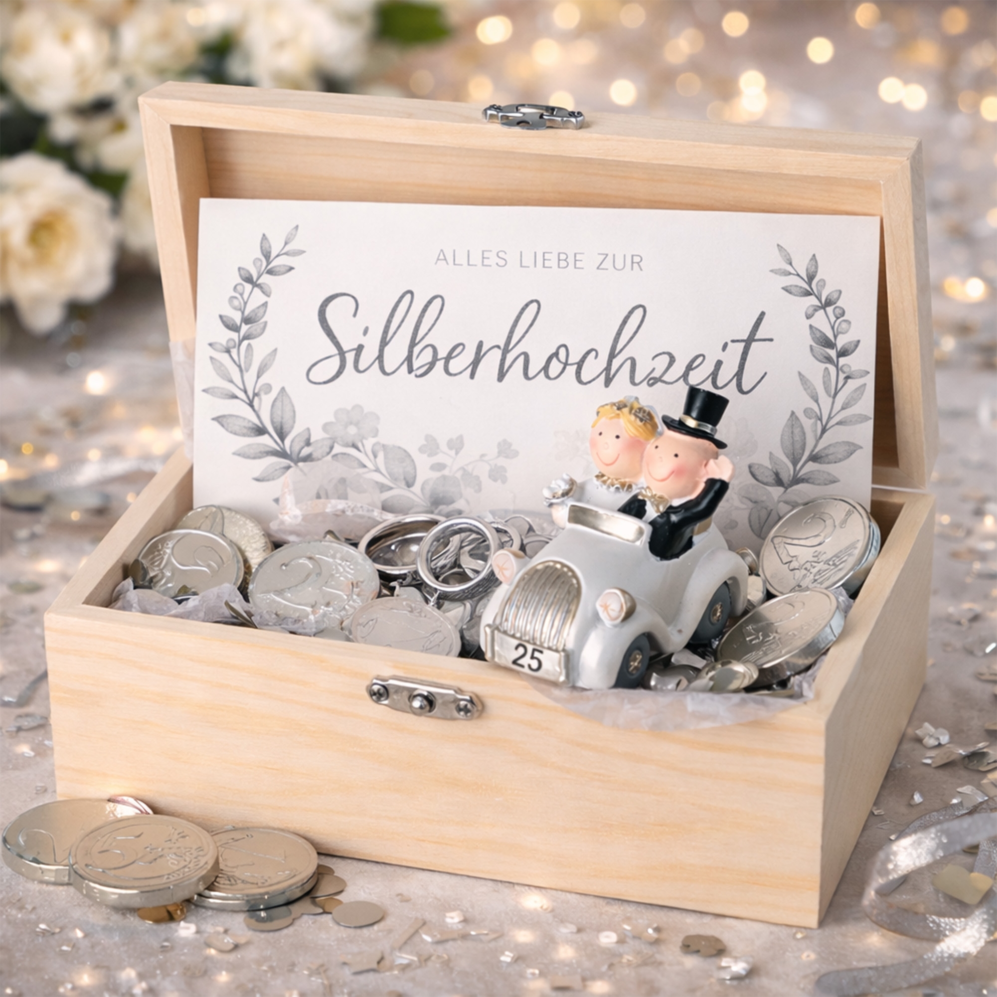 Schatzkiste, Geldbeutel, Silbermünzen, Hochzeit-Accessoire, Dekoration